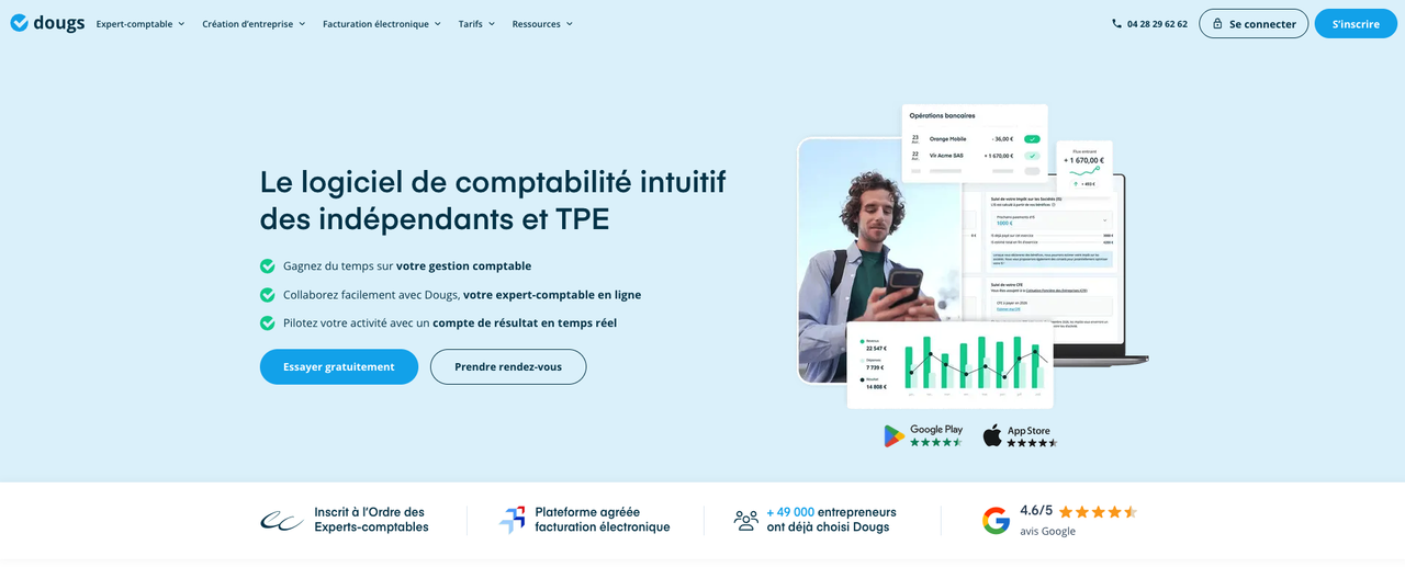 Page d’accueil du logiciel de comptabilité Dougs, avec un indépendant consultant ses comptes sur mobile et des graphiques financiers