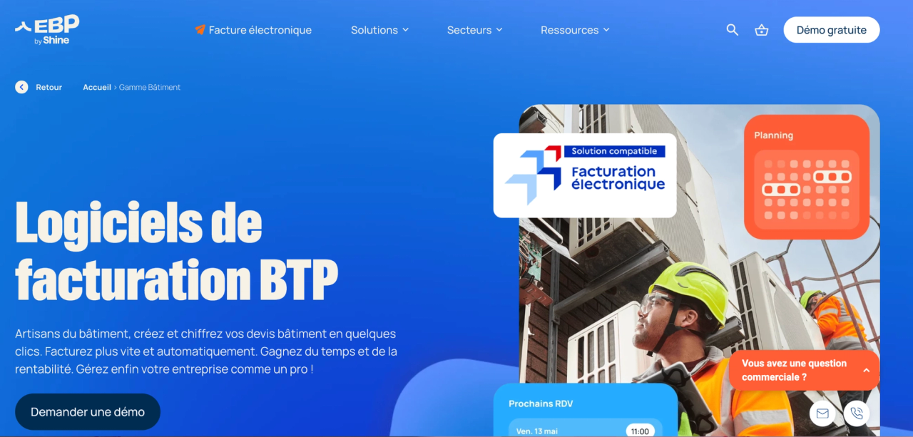 Page EBP by Shine sur la facturation BTP, avec des ouvriers en chantier et des outils numériques de planning et de facturation électronique