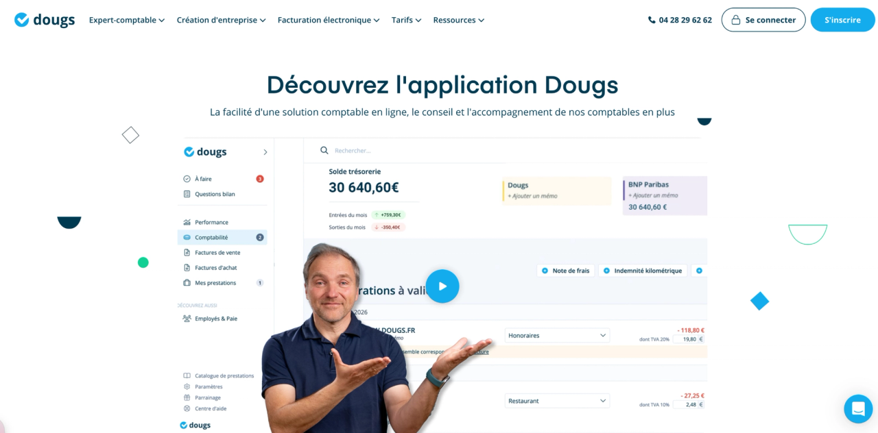 Un conseiller présente l’application comptable Dougs et son tableau de bord avec trésorerie, factures et notes de frais