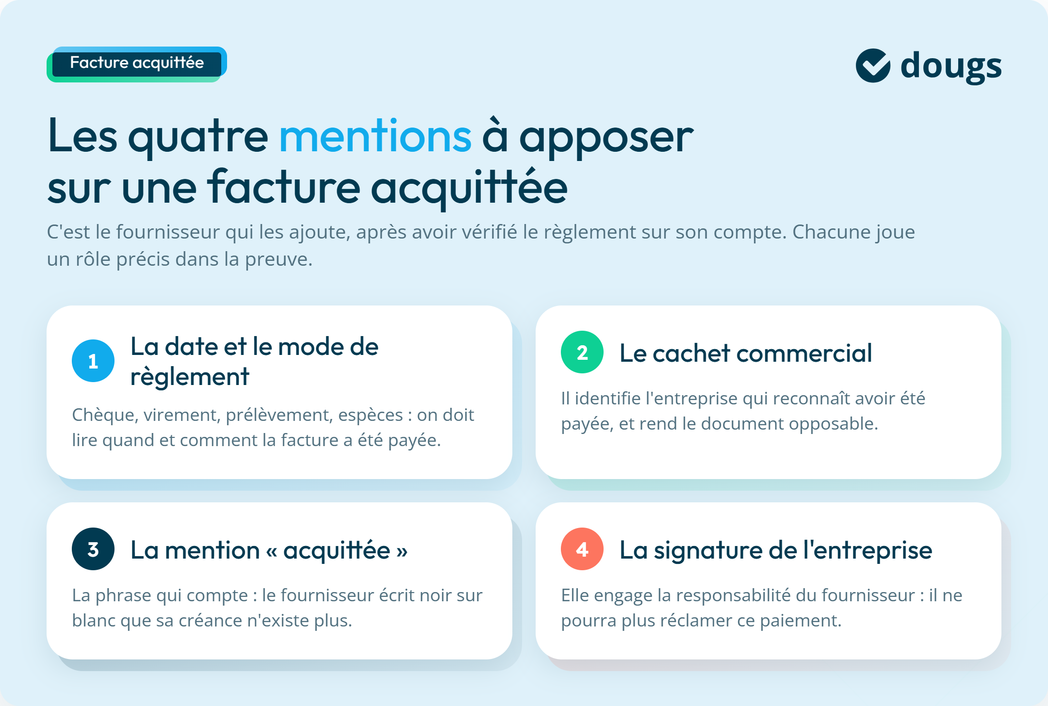 Infographie : les mentions à apposer sur une facture acquittée