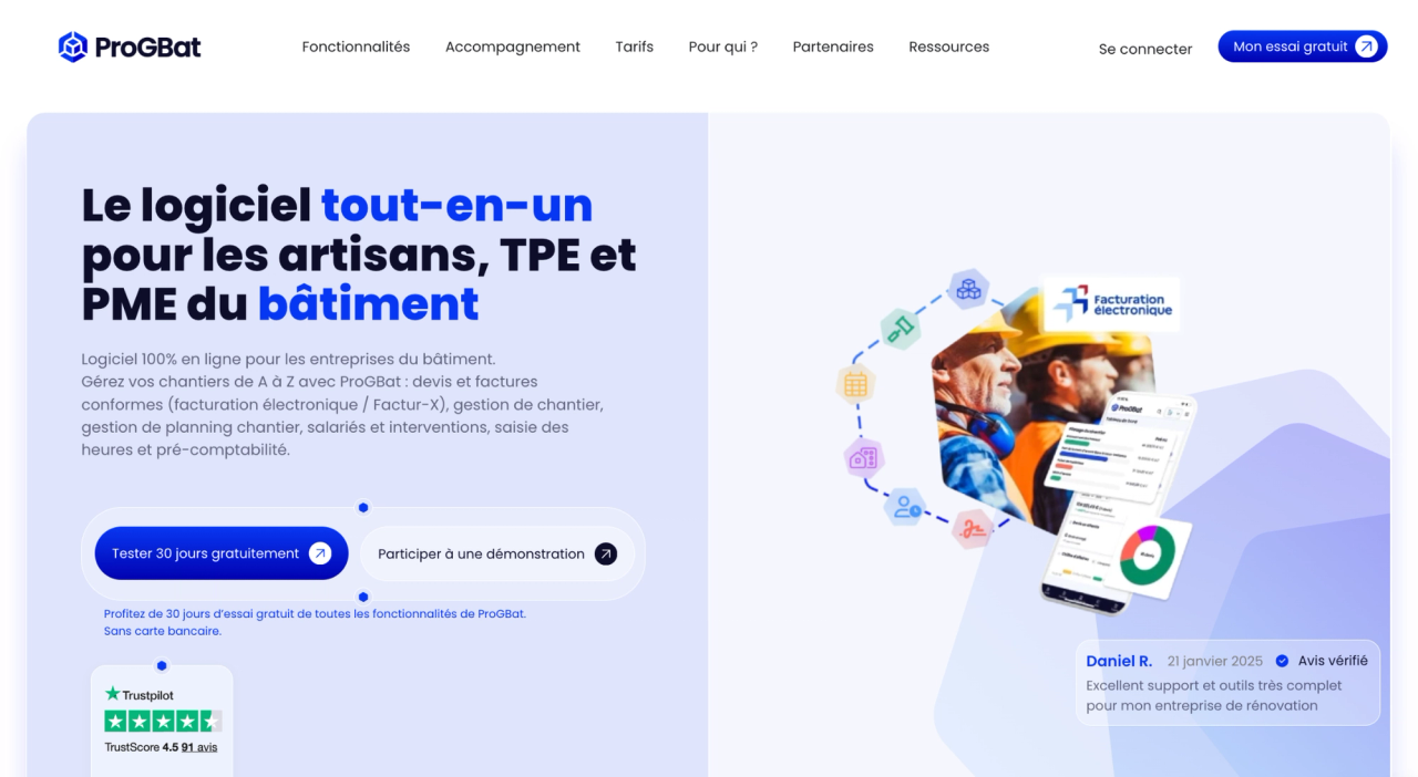 Page ProGBat présentant un logiciel de comptabilité BTP avec artisans, facturation électronique et tableau de bord mobile
