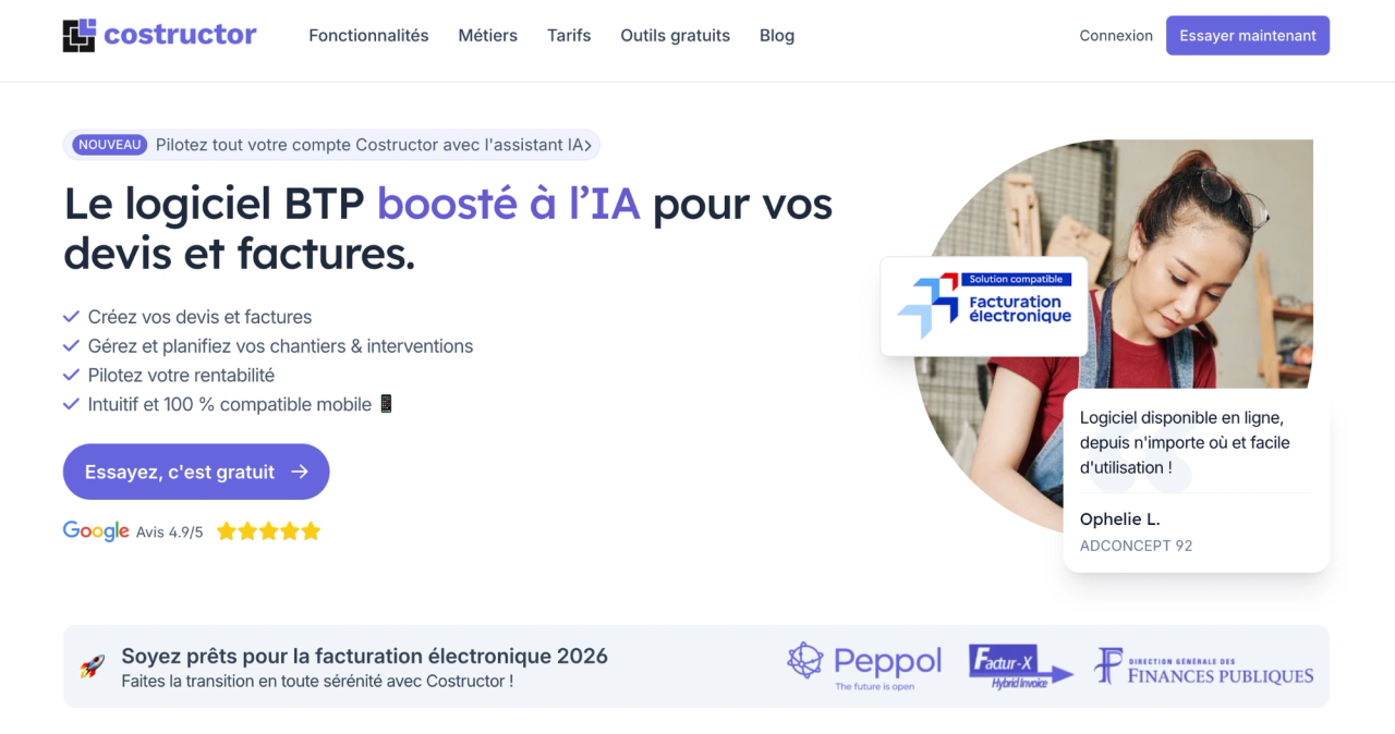 Page d’accueil du logiciel de comptabilité BTP Costructor, avec une artisane et des outils de devis, facturation et gestion de chantiers