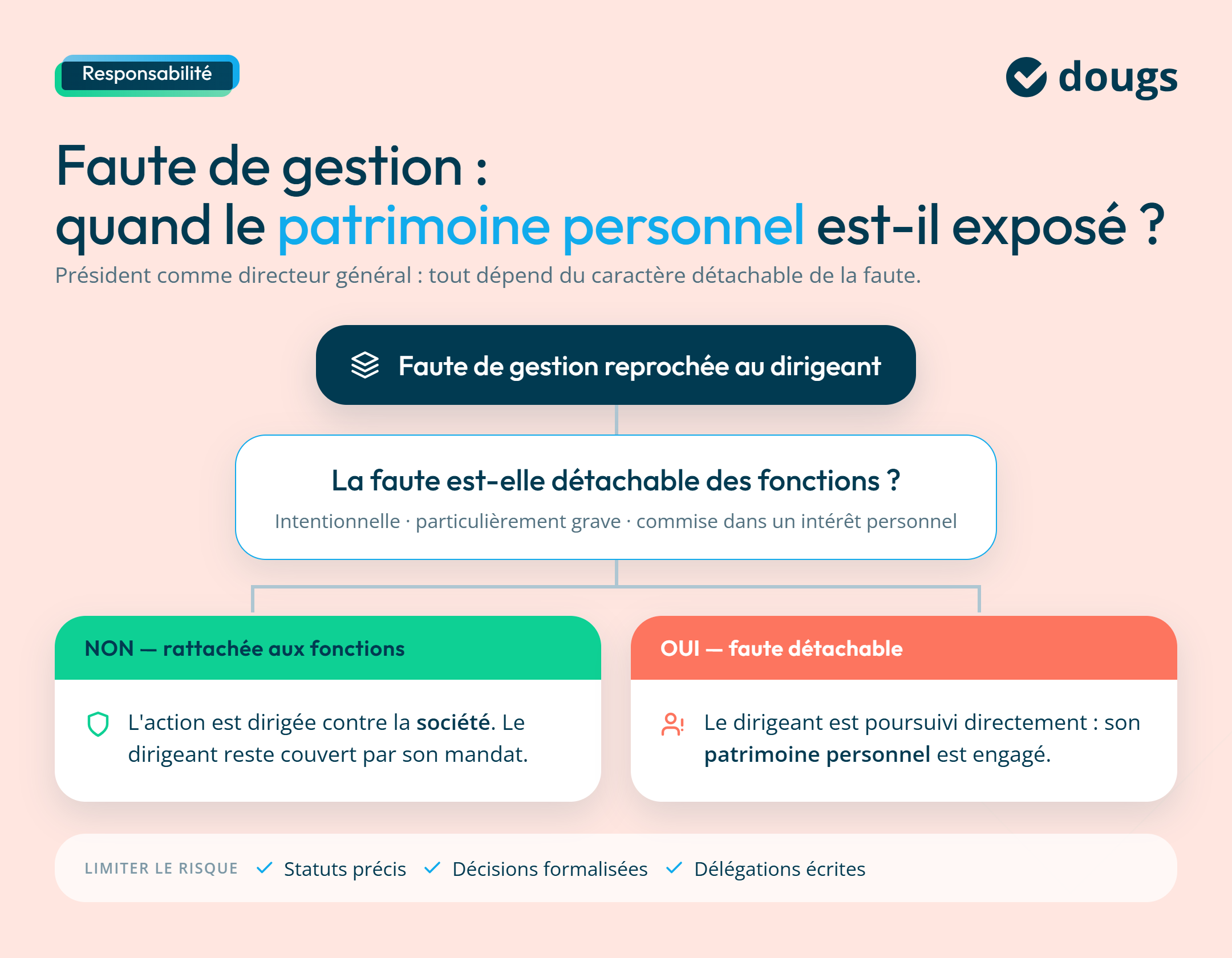 Diagramme explicatif sur la faute de gestion et la responsabilité des dirigeants avec des sections colorées et du texte