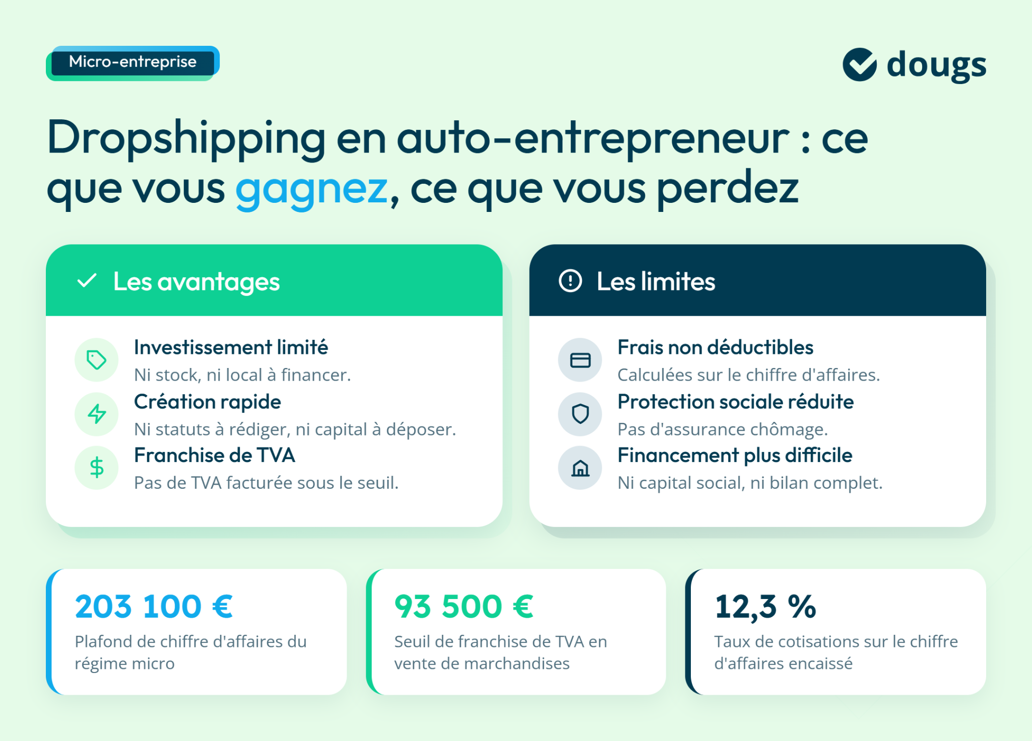 Infographie sur le dropshipping pour auto-entrepreneurs, présentant les avantages et limites du régime micro-entreprise