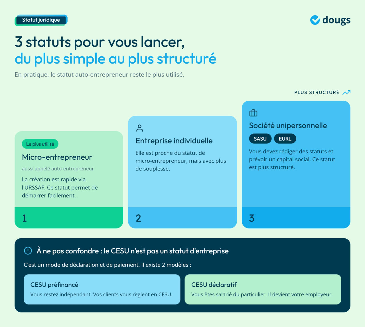 Infographie - 3 statuts pour vous lancer, du plus simple au plus structuré