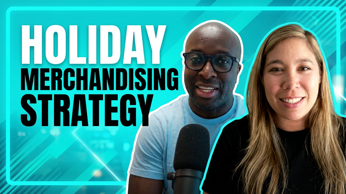 Thumbnail graphic with the text "HOLIDAY MERCHANDISING STRATEGY" in bold white and black lettering, featuring Leon Bart-Williams speaking into a microphone alongside a smiling Mariko Ichikawa against a bright teal background.