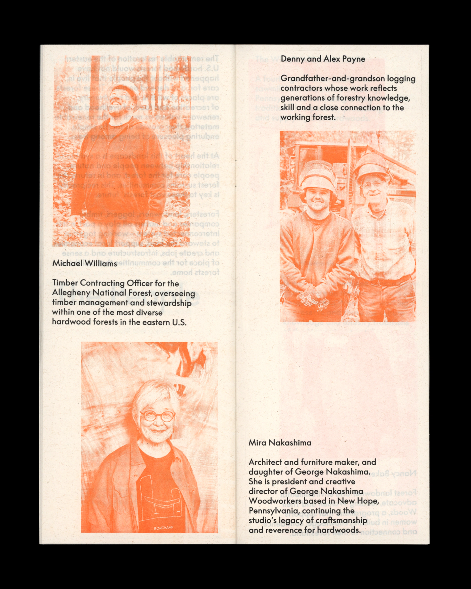 Three orange-tinted portraits with captions highlighting forestry professionals and an architect on a textured paper background.