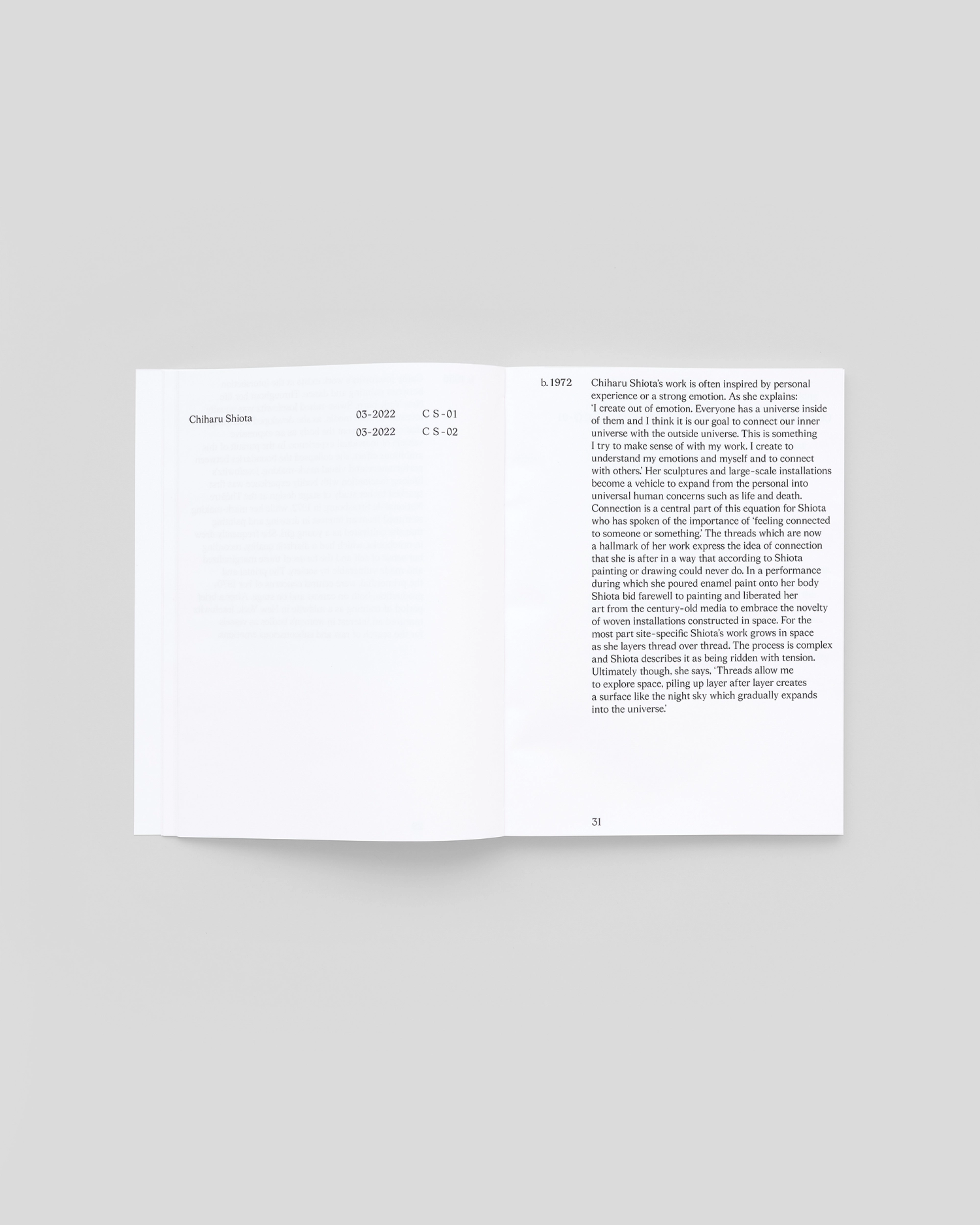 Photograph of a spread from a book with an artist's name and two codes printed on the left and a short text on the right