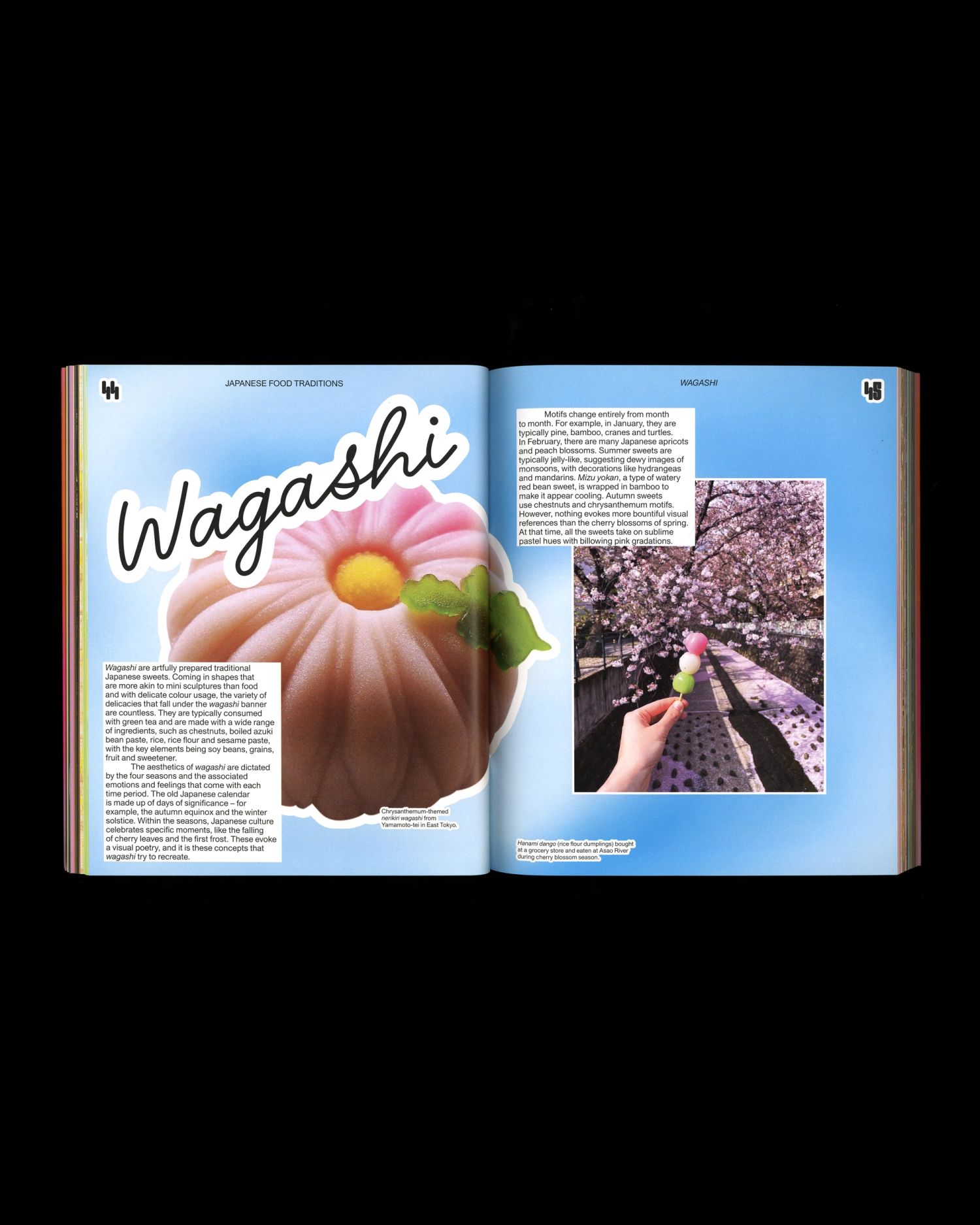 A scan of a book spread with a blue blurred background and a large image of a pink cake.