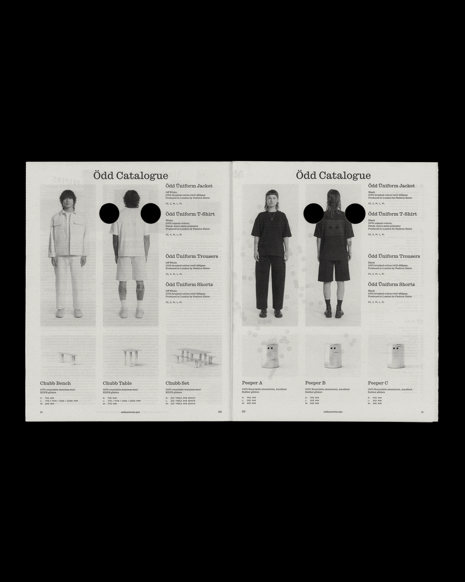 Spread from Ödd Paper's catalog featuring minimalist clothing and furniture, showcasing jackets, t-shirts, and furniture.
