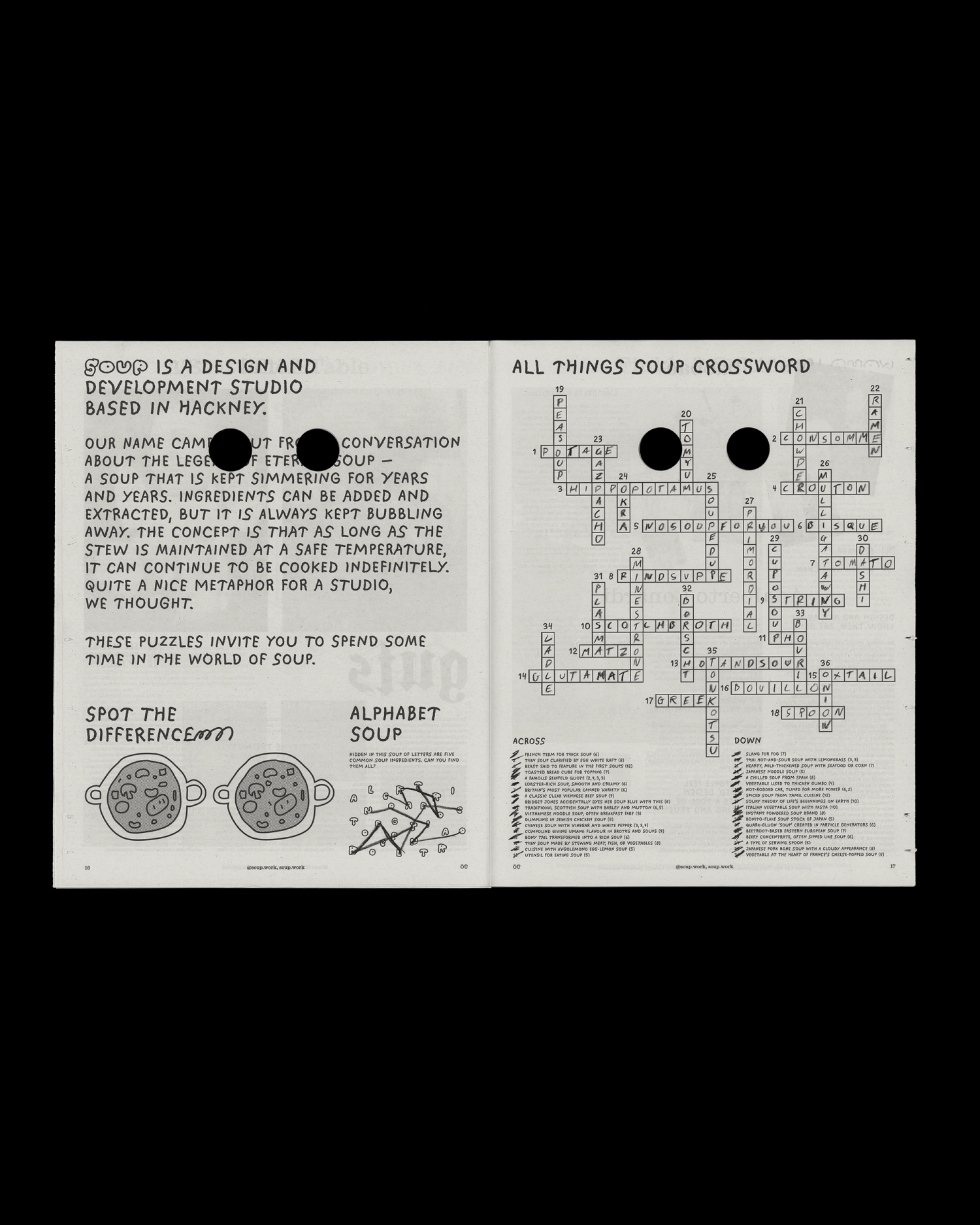 Newspaper spread from SOUP with a crossword titled "All Things Soup," and a "Spot the Difference" puzzle.