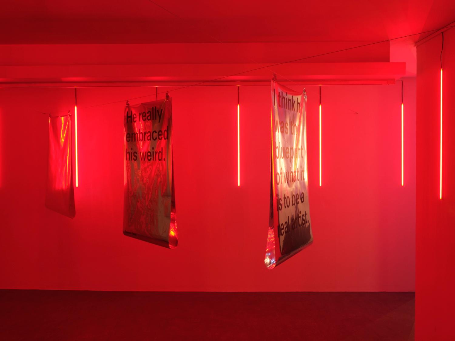 Three mylar panels hang in a space that is lit red and punctuated with red strip lighting. Two panels have text printed to their surface.