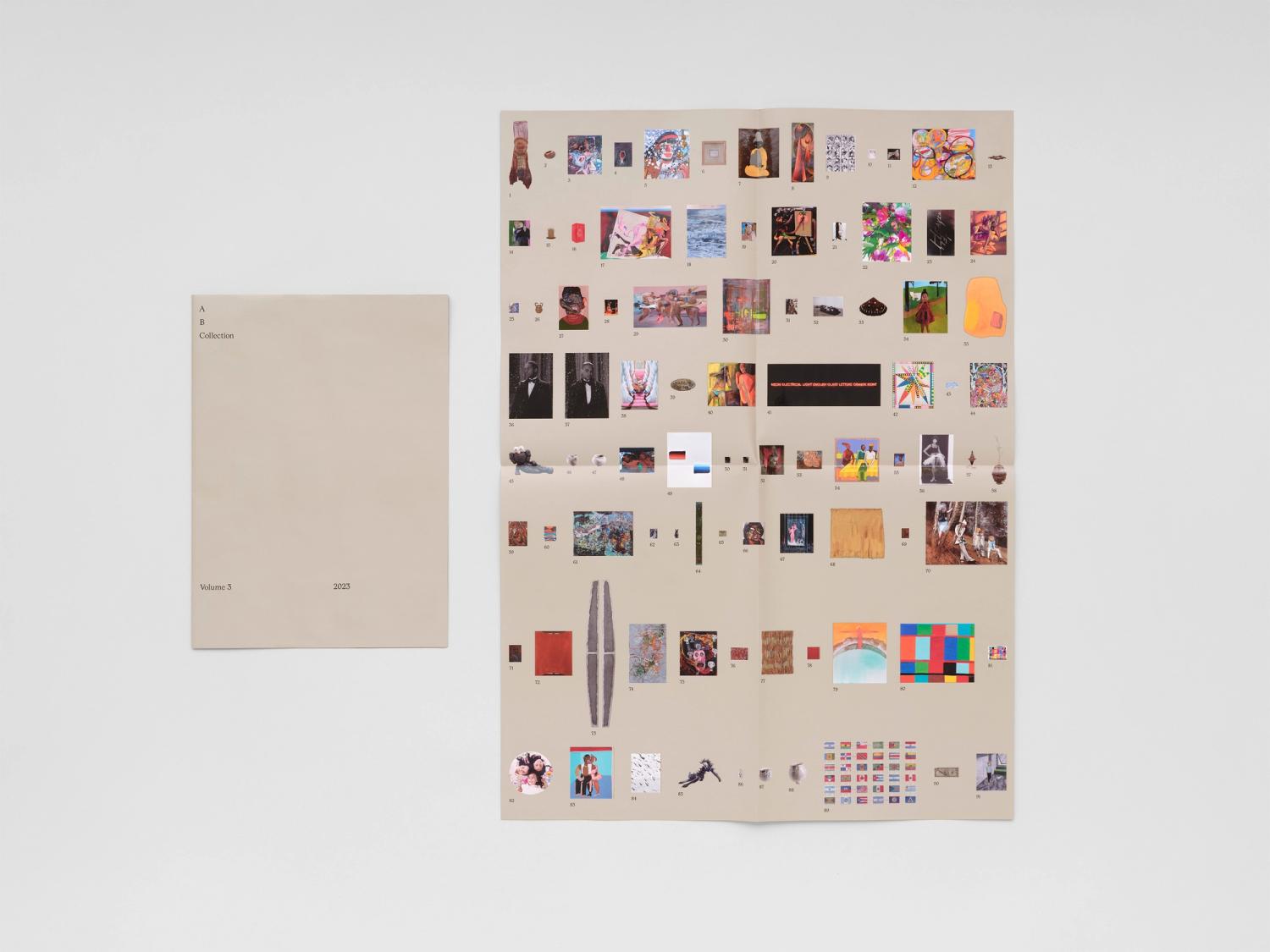 Photograph of a folded and unfolded poster printed on beige paper with small printed artworks covering the surface