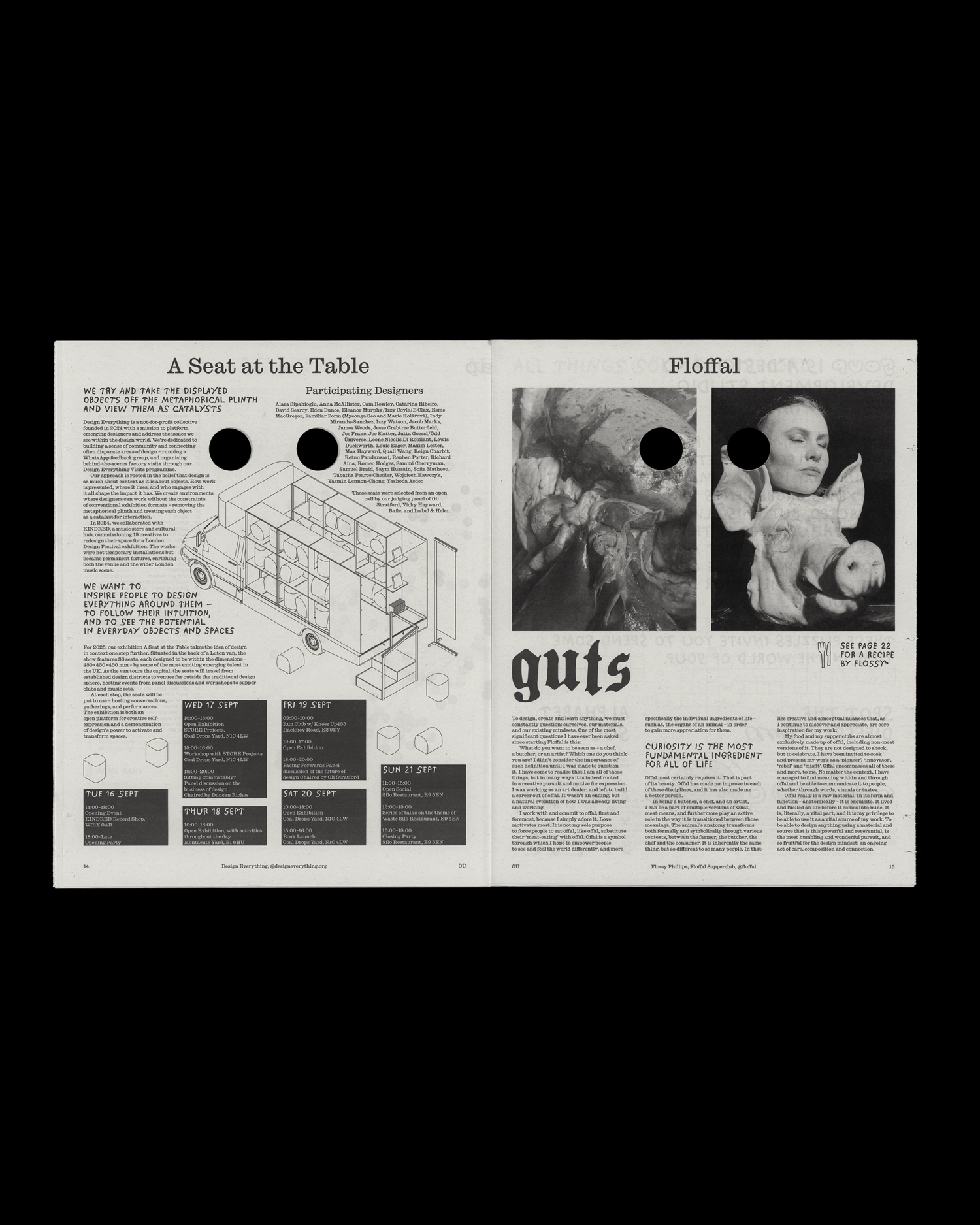 Newspaper spread featuring an architectural diagram on the left and black-and-white photography of offal on the right with the heading "guts", from Floffal.