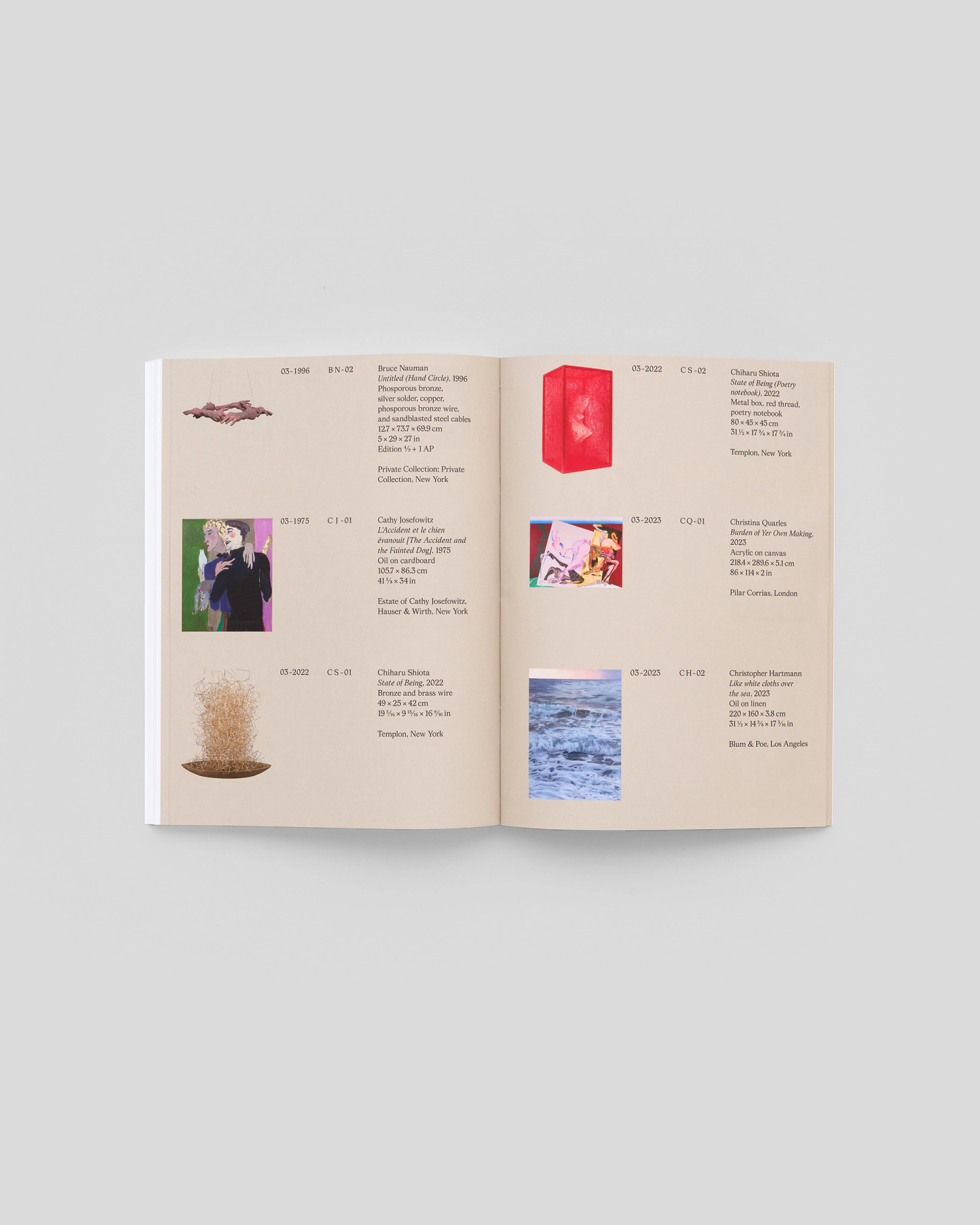 Photograph of a spread from a book with beige printed background and artwork images