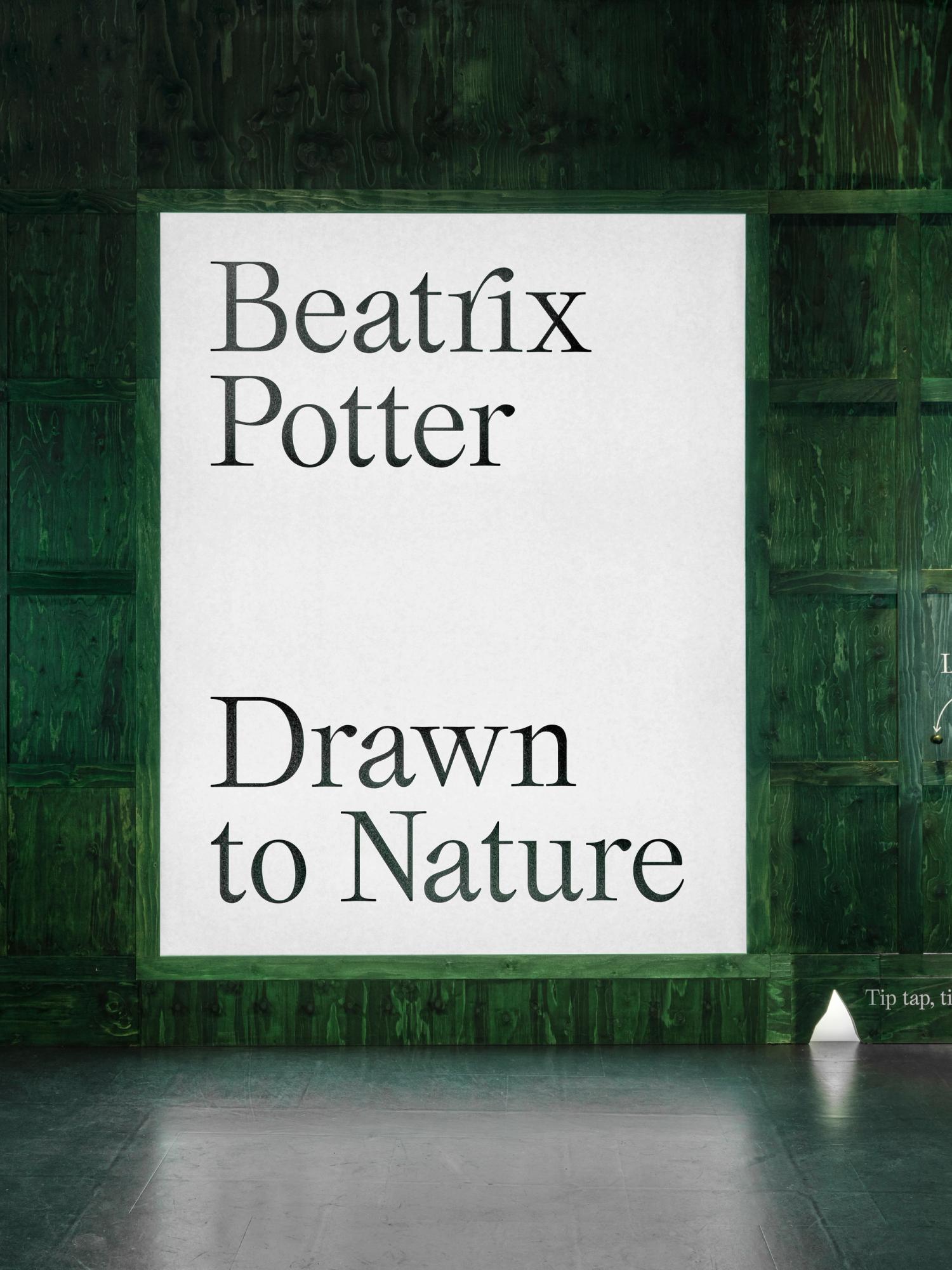 A backlit large graphic panel is set into a dark green stained wood panelled wall. The panel is white with black text reading 'Beatrix Potter Drawn to Nature'