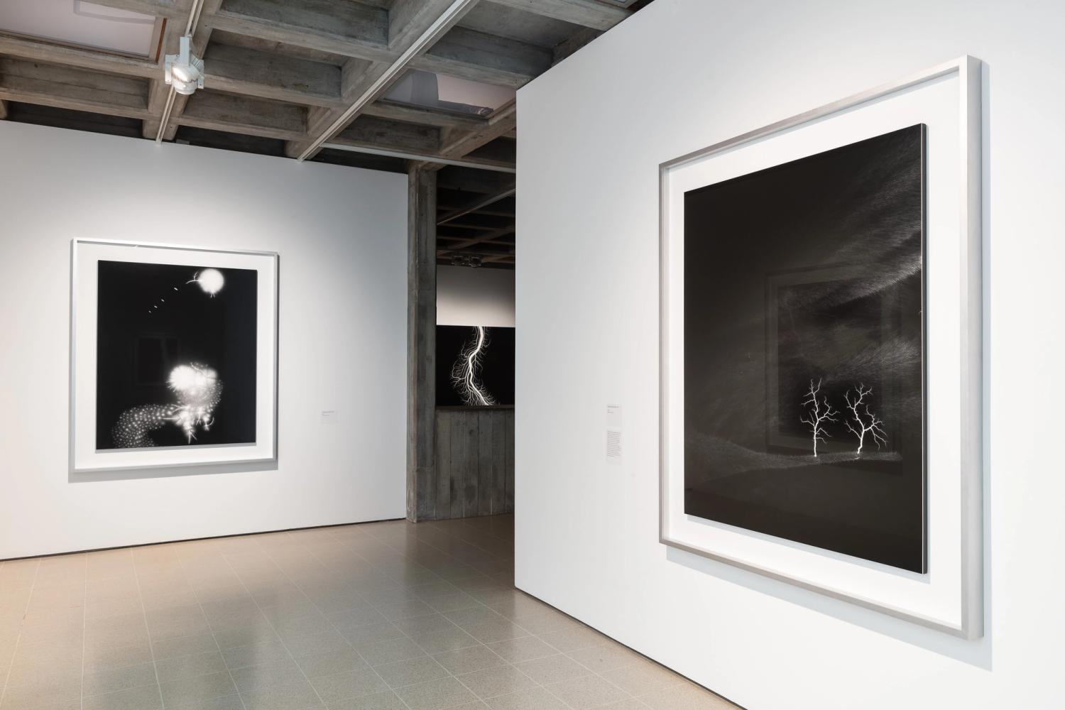Photograph of a gallery with two large framed prints in aluminium frames. Both photographs are black and white.