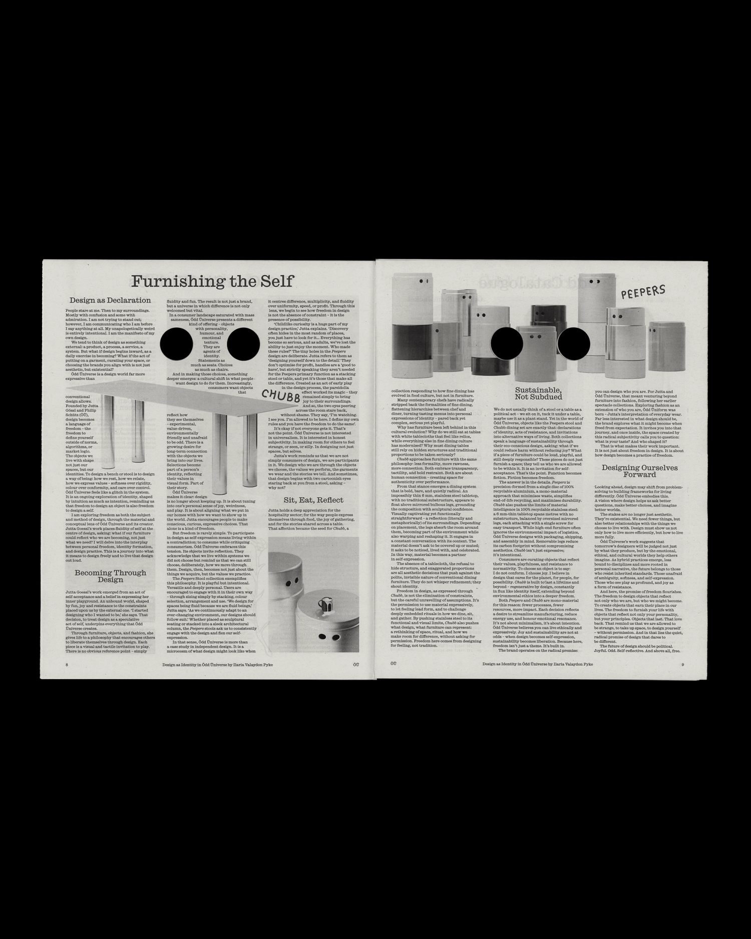Spread from Ödd Paper showing articles with black and white images of Ödd Üniverse furniture, titled "Furnishing the Self".