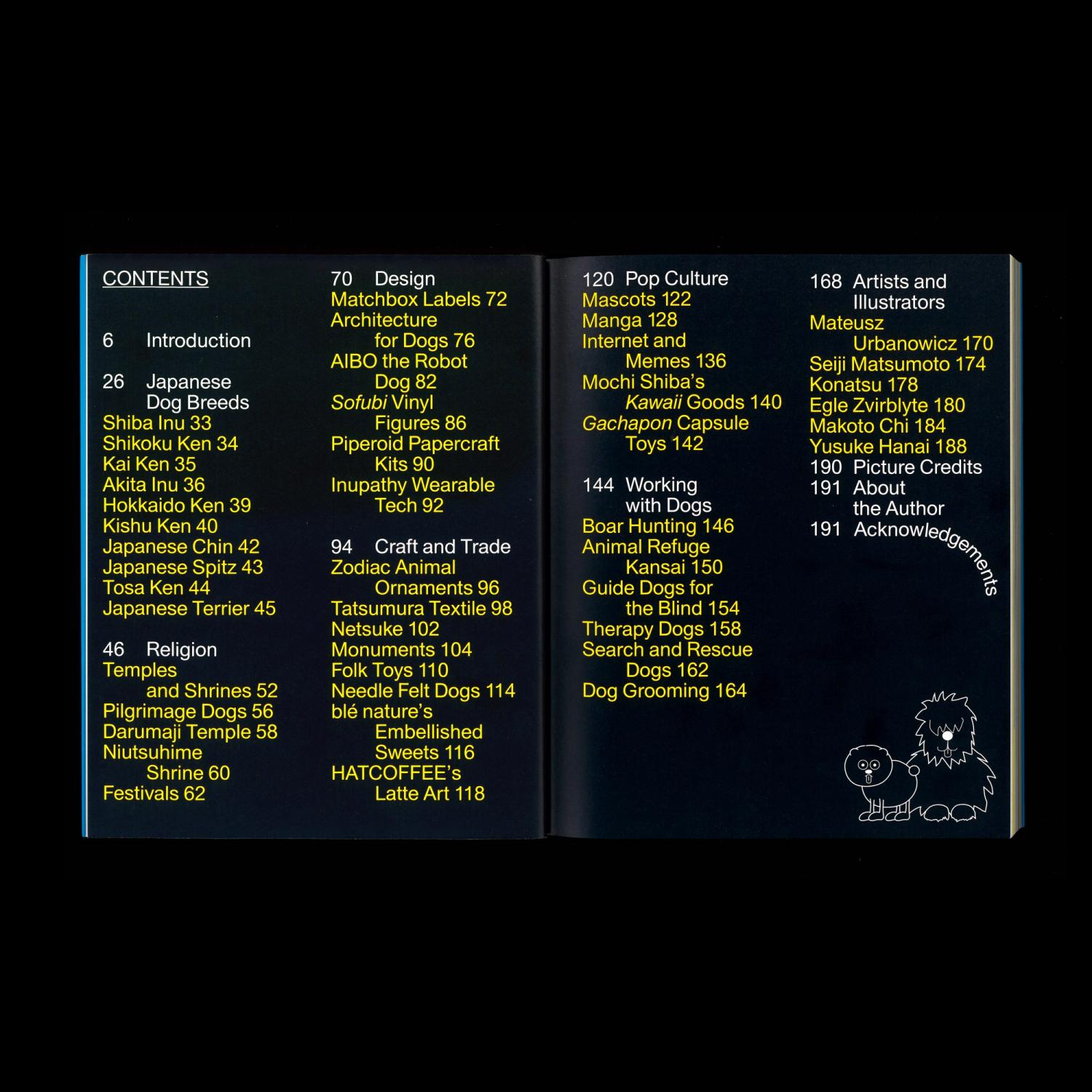 Book contents page listing topics including Japanese dog breeds, temples, pop culture, and working dogs with dog illustrations.