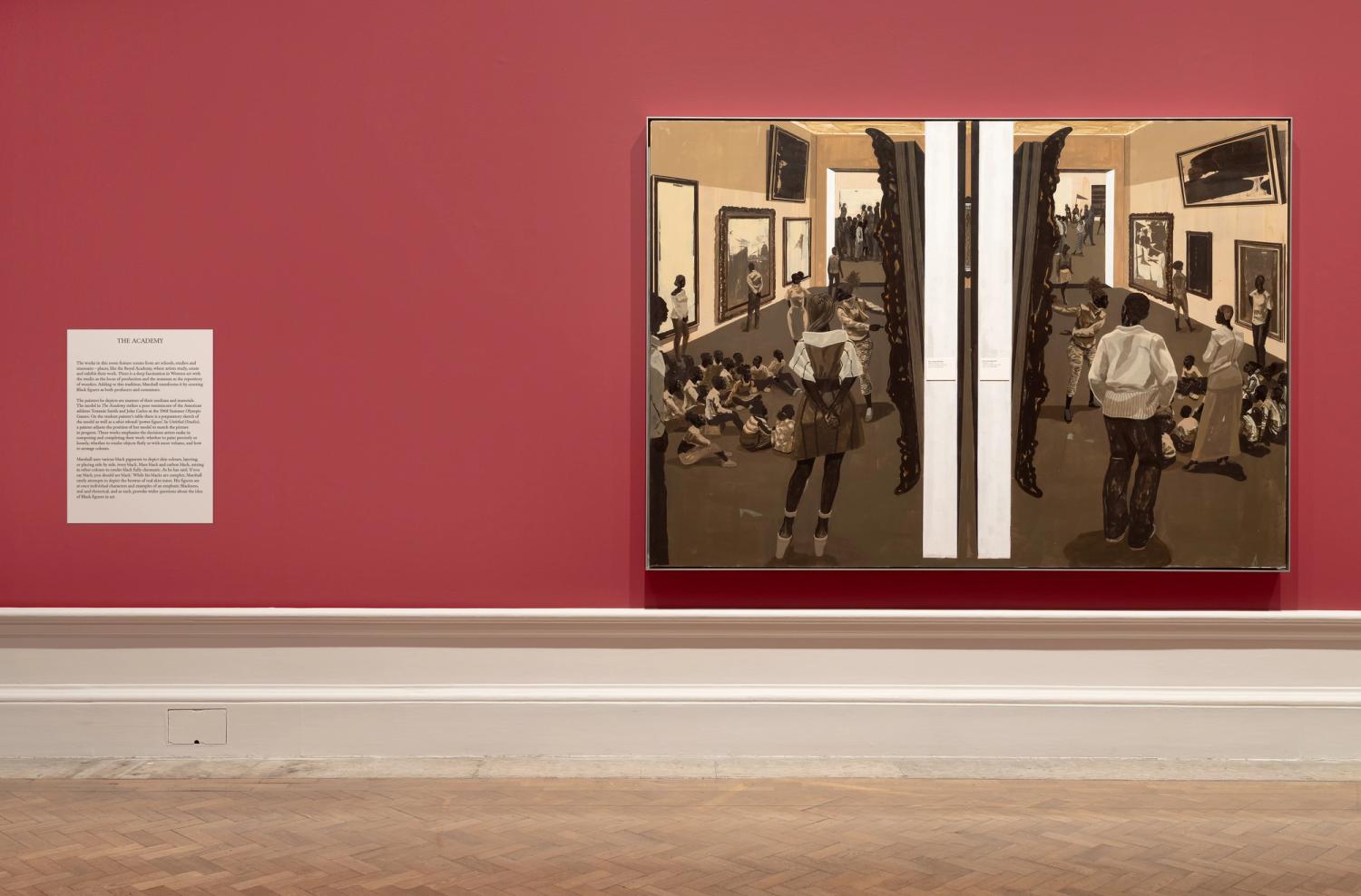 Painting on red wall with a museum scene, figures in browns and beiges, and a descriptive text panel to the left.