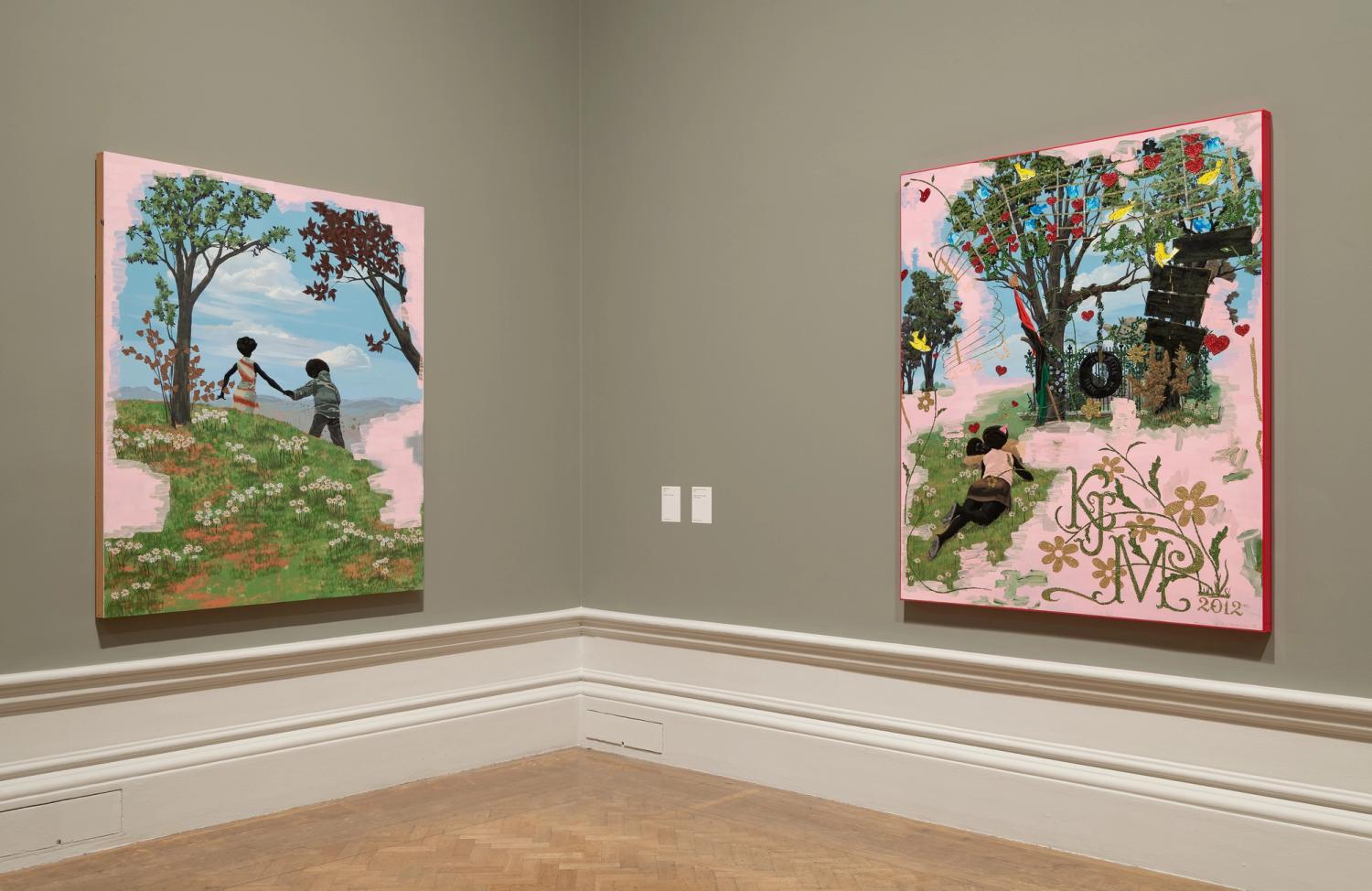 Two colourful paintings on a sage green gallery wall, depicting children in vibrant outdoor scenes. Two captions sit in between the works.