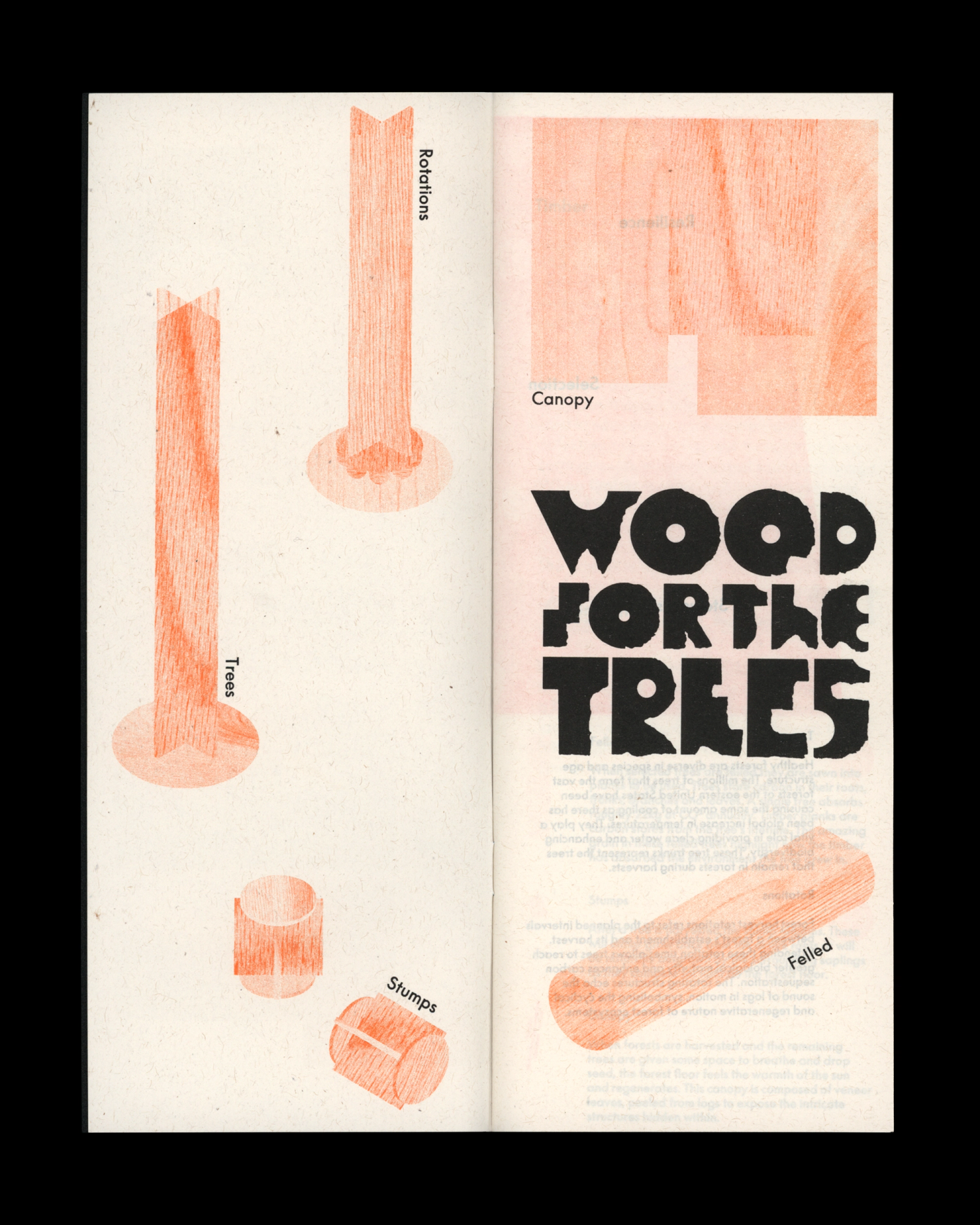 Diagram of wood processing stages with labeled sections: rotations, canopy, trees, stumps, felled, and bold text design.