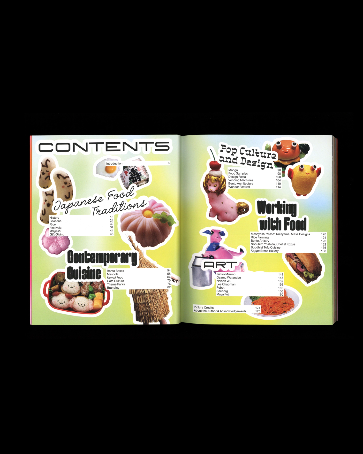 A scan of the contents page of a book with bright coloured background and several sticker-like characters dotted across the spread.