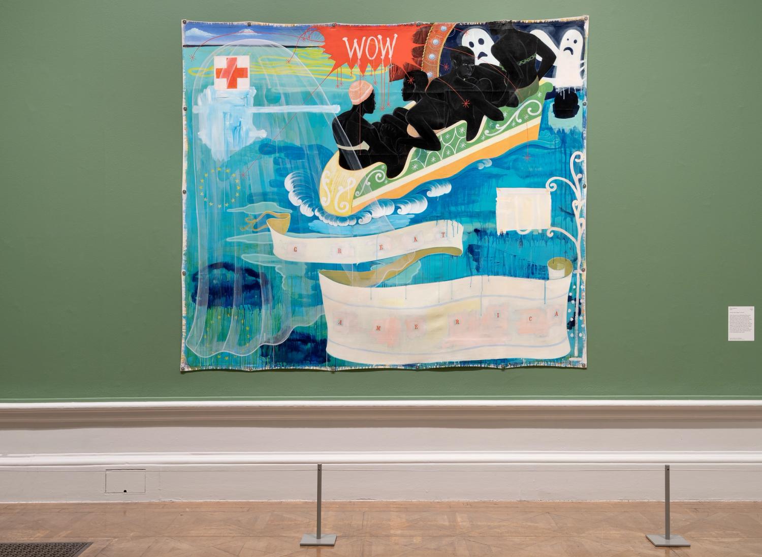 Colourful painting featuring figures in a boat with "WOW" text, set against a vivid blue and green backdrop.