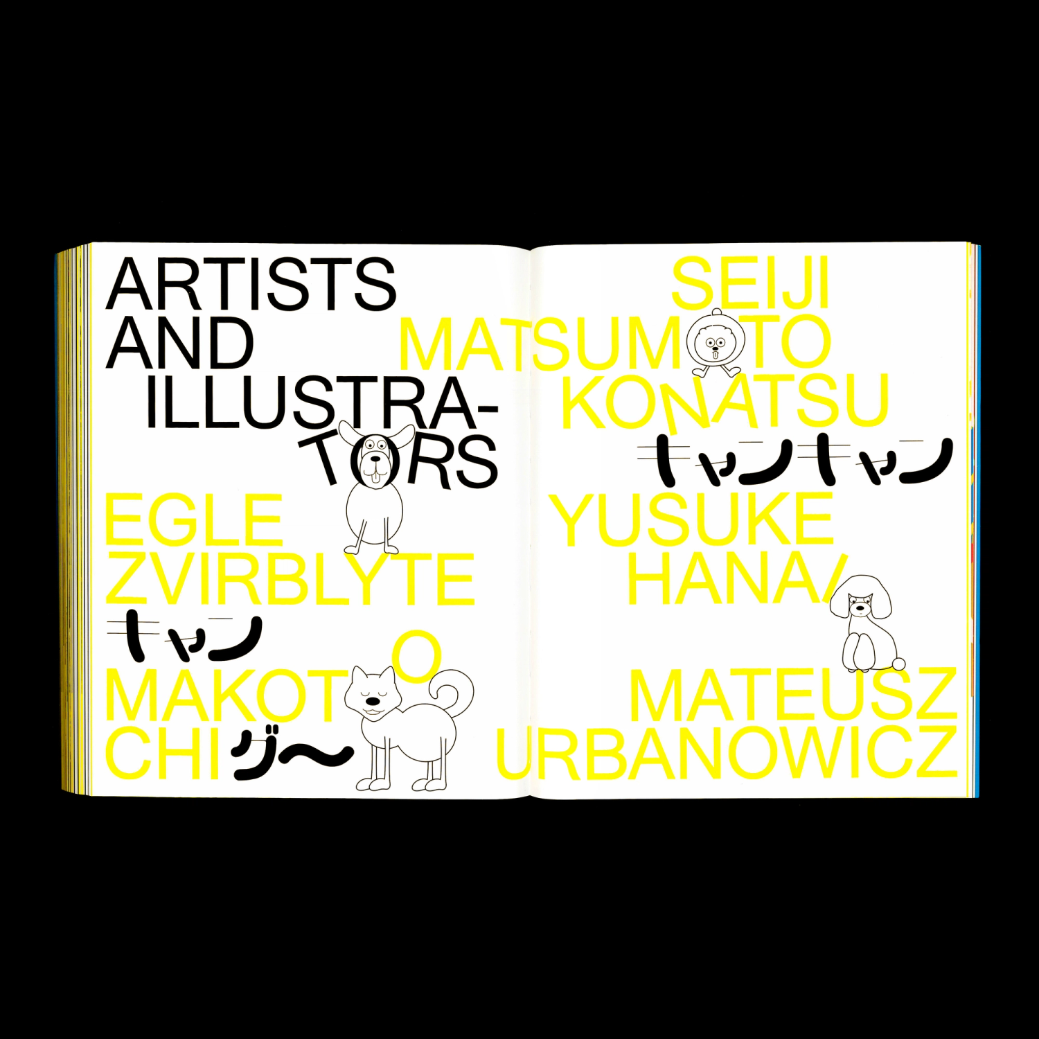 Open book with bold text "Artists and Illustrators" and dog illustrations in black and yellow on the pages.