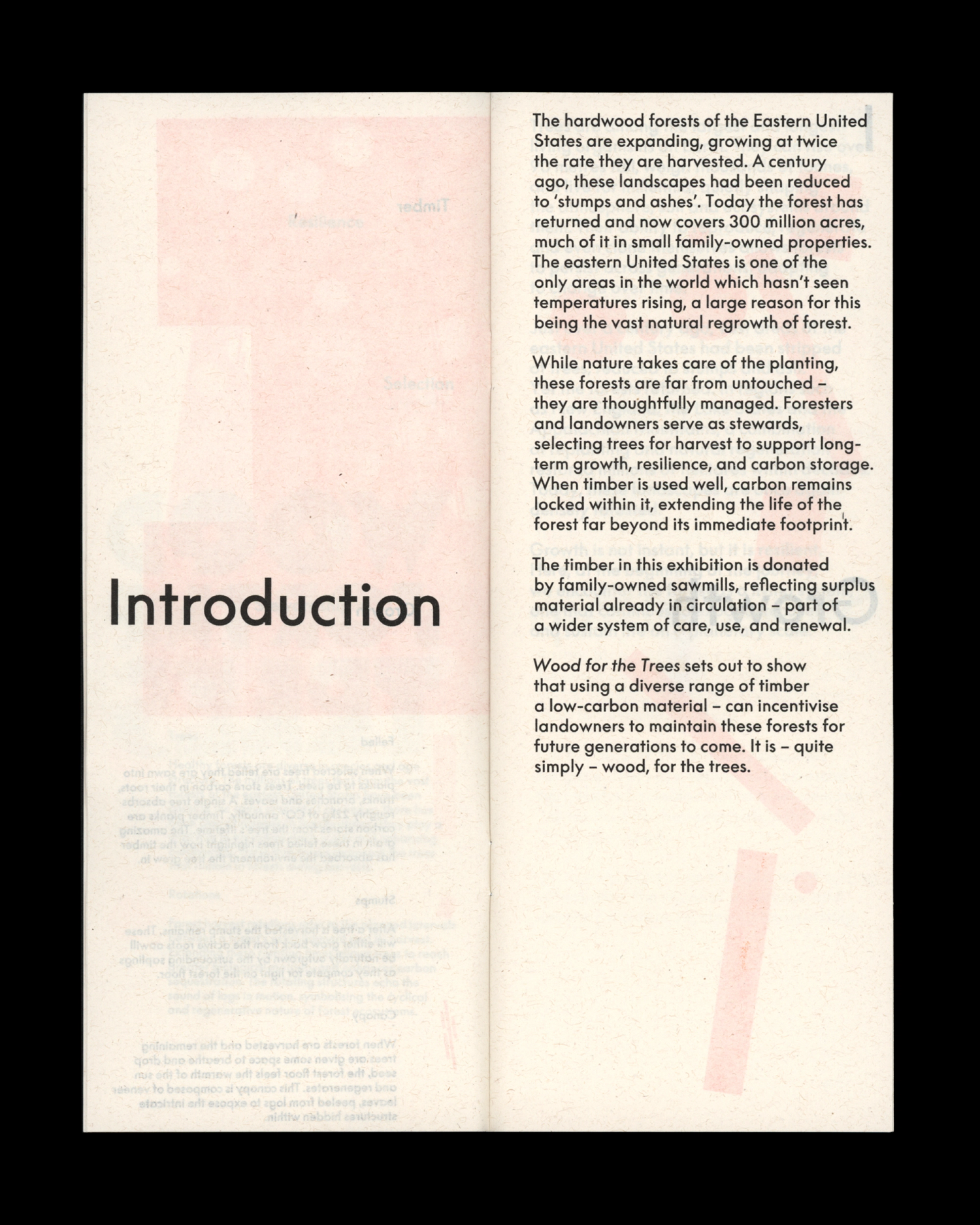 Open booklet with the title 'Introduction' on the left page and text on forest regrowth on the right page.