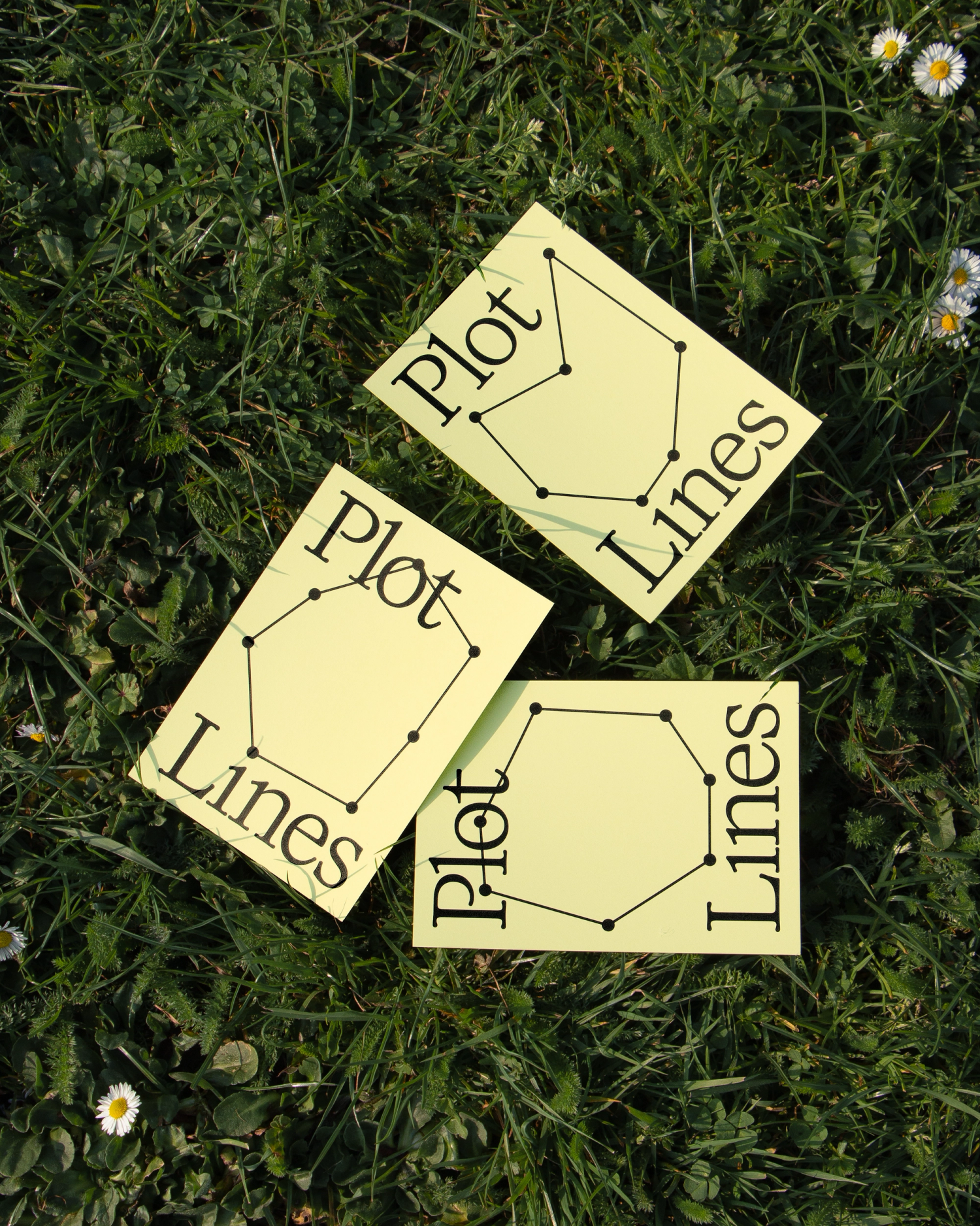 A photograph of three pale yellow postcards on grass with daisies scattered around