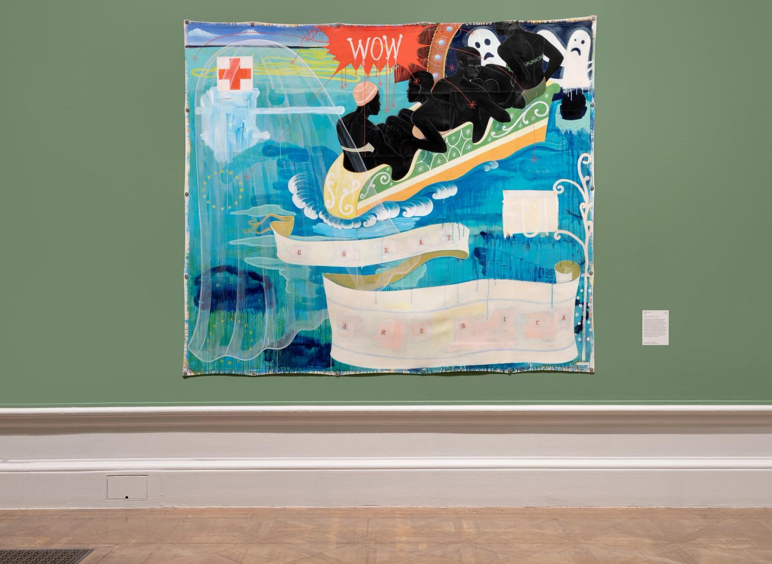 Colourful painting featuring figures in a boat with "WOW" text, set against a vivid blue and green backdrop.