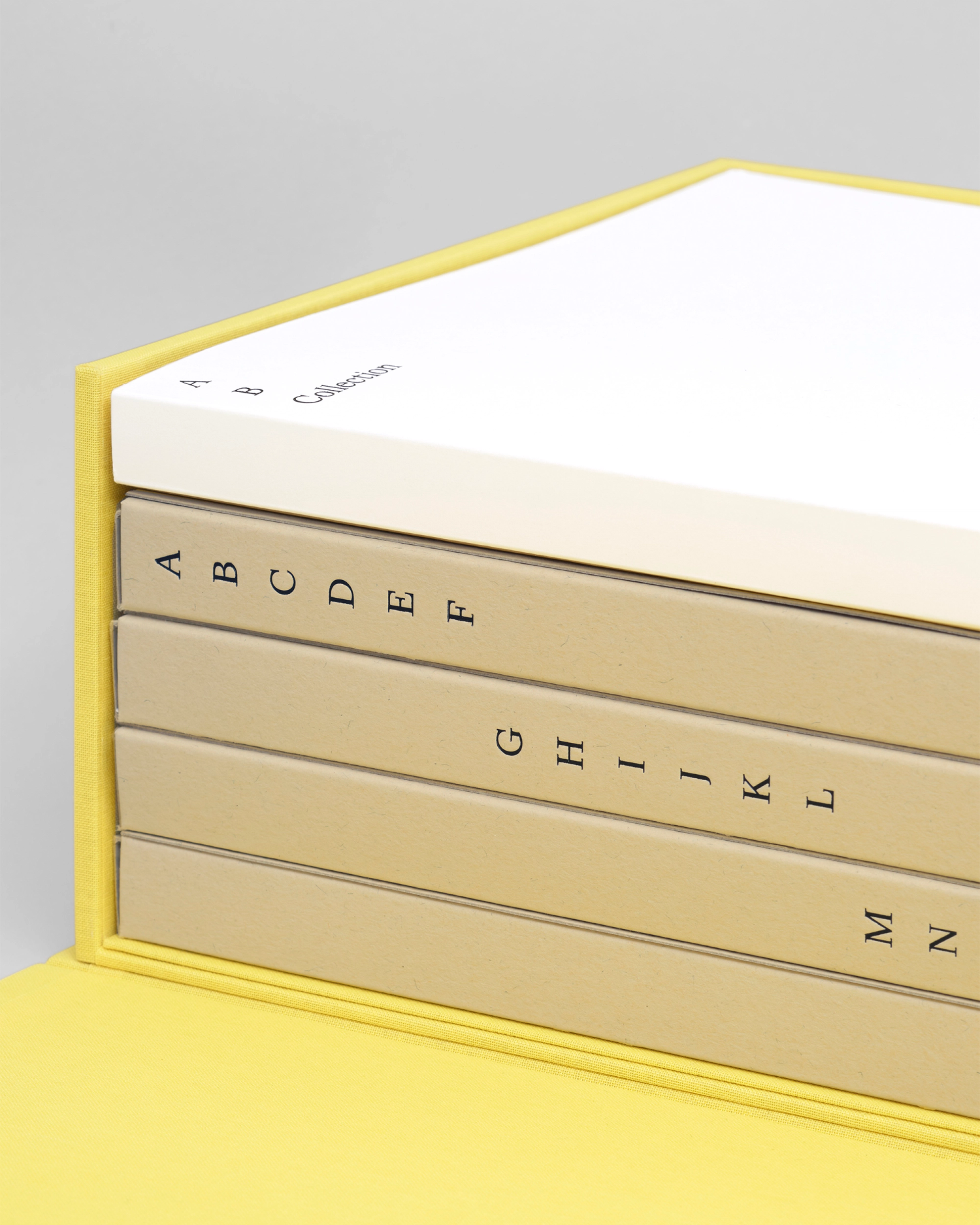 Photograph of a stack of beige alphabetised folders in a yellow clamshell box with white book
