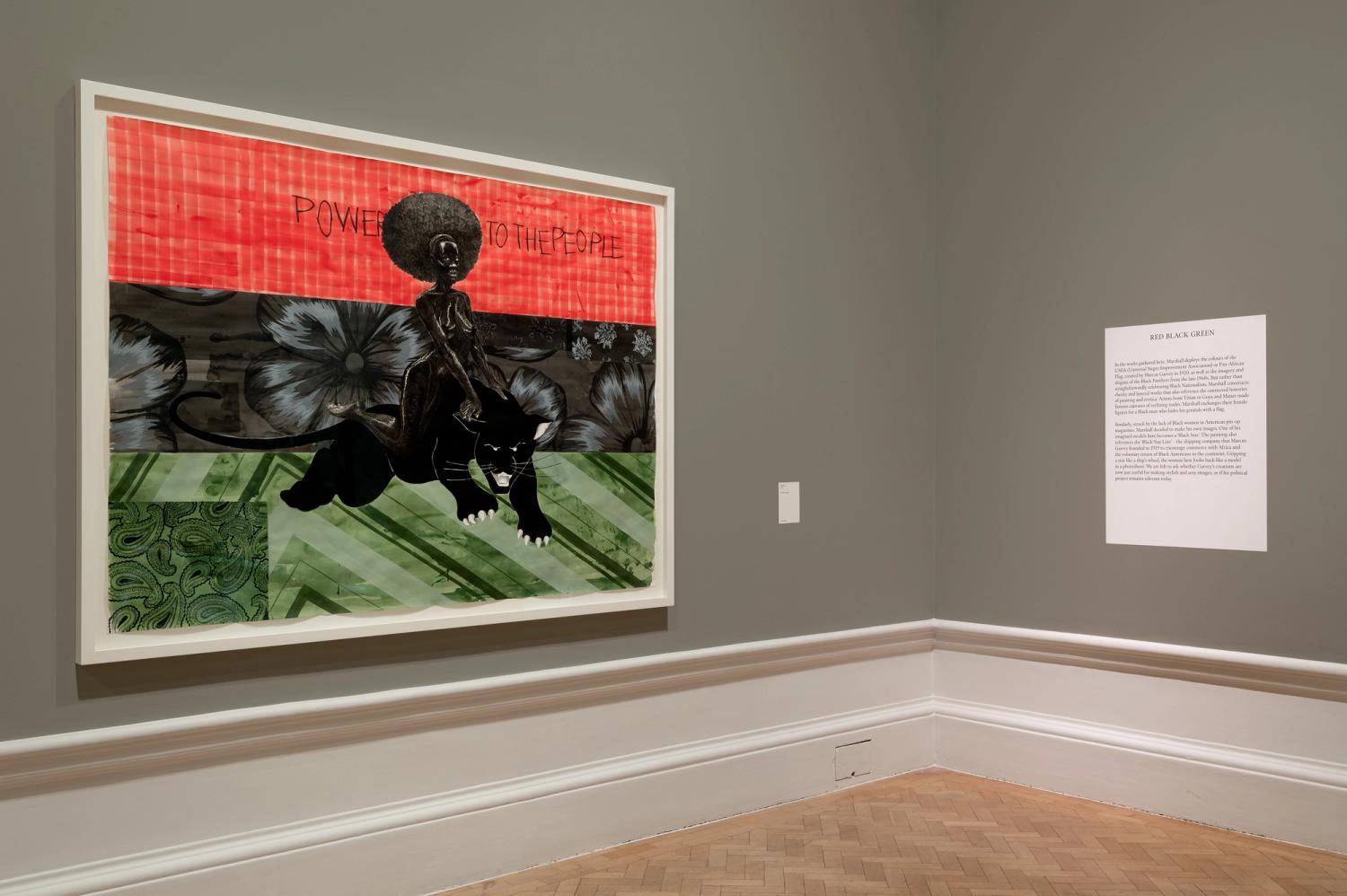 Framed artwork with a woman atop a panther, red and green striped background; adjacent text panel describes the piece.