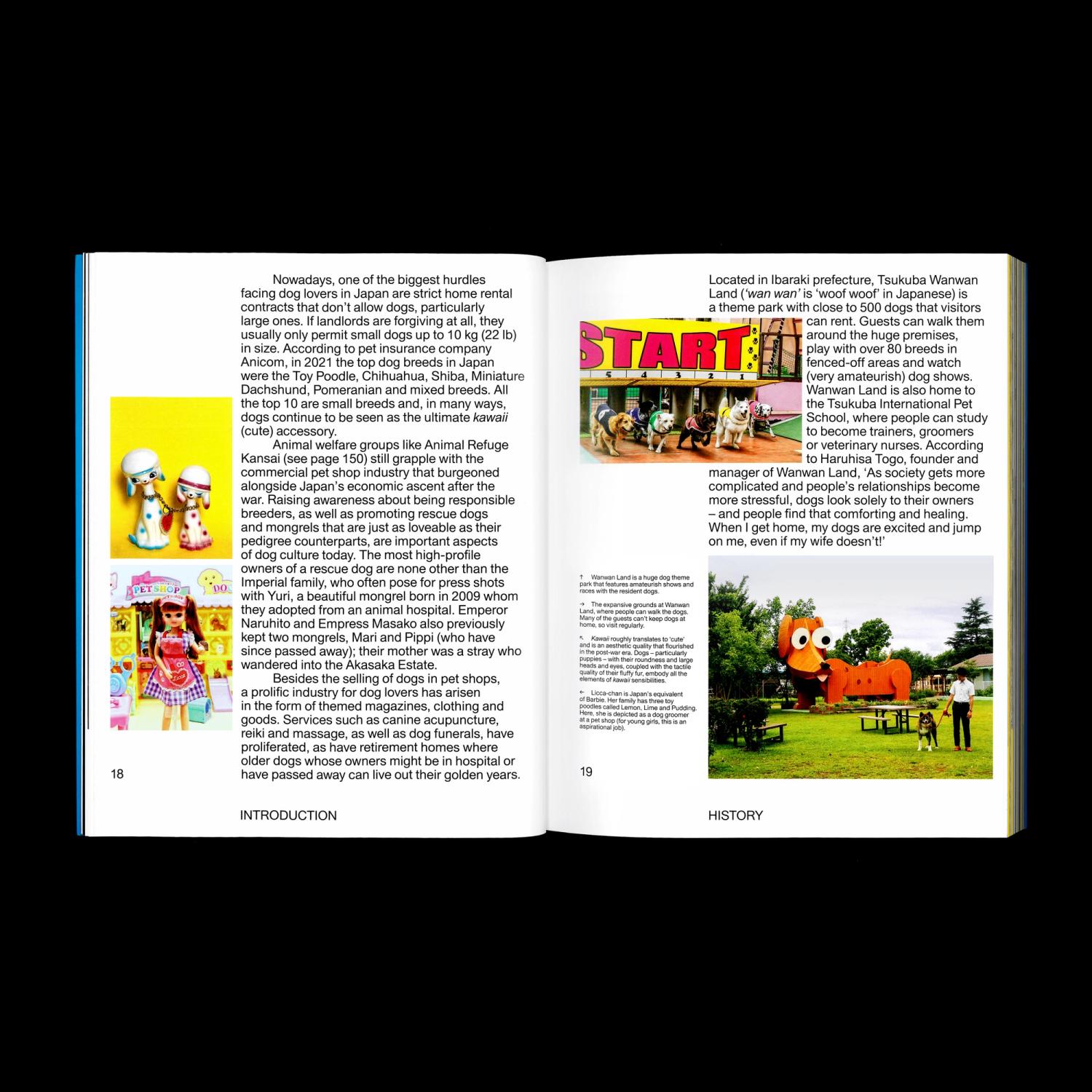 Open book showing pages 18-19 of "Japan’s Best Friend," featuring text, dog figurine images, and colorful dog park photos.