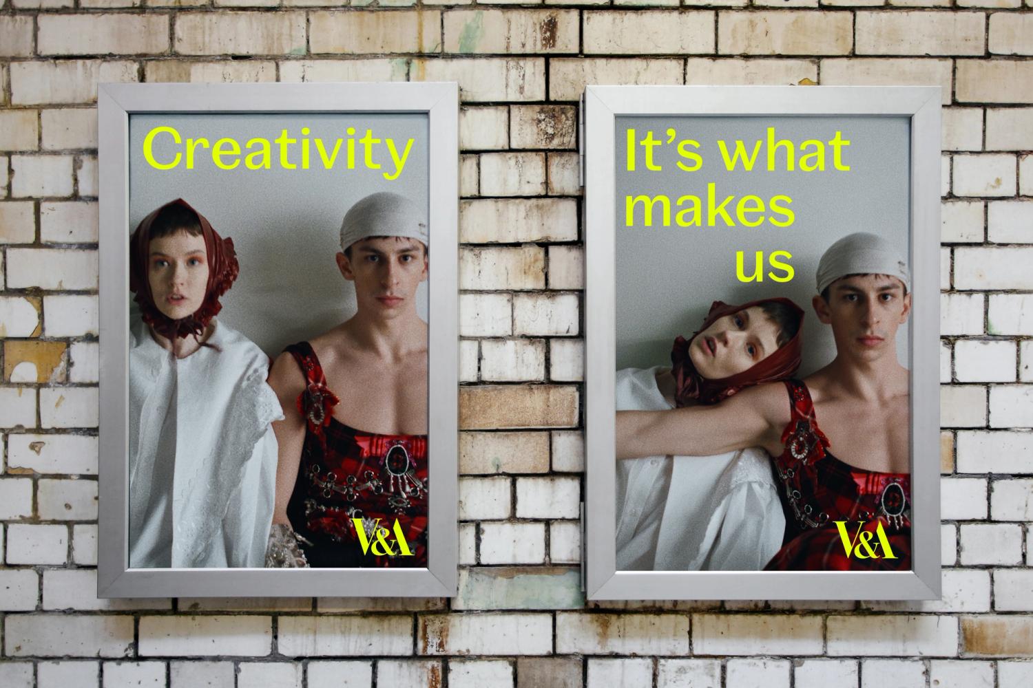 Two framed posters feature models in creative attire. Text reads "Creativity" and "It's what makes us" over a brick wall.