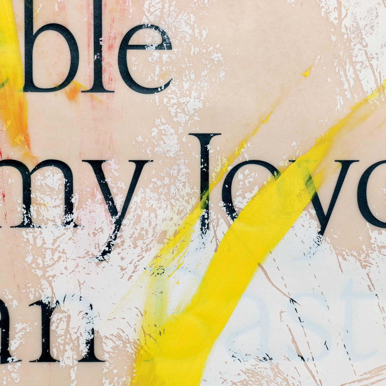 Distressed film poster with bold text, scratched with ink, and accented by vivid yellow acrylic paint streaks.