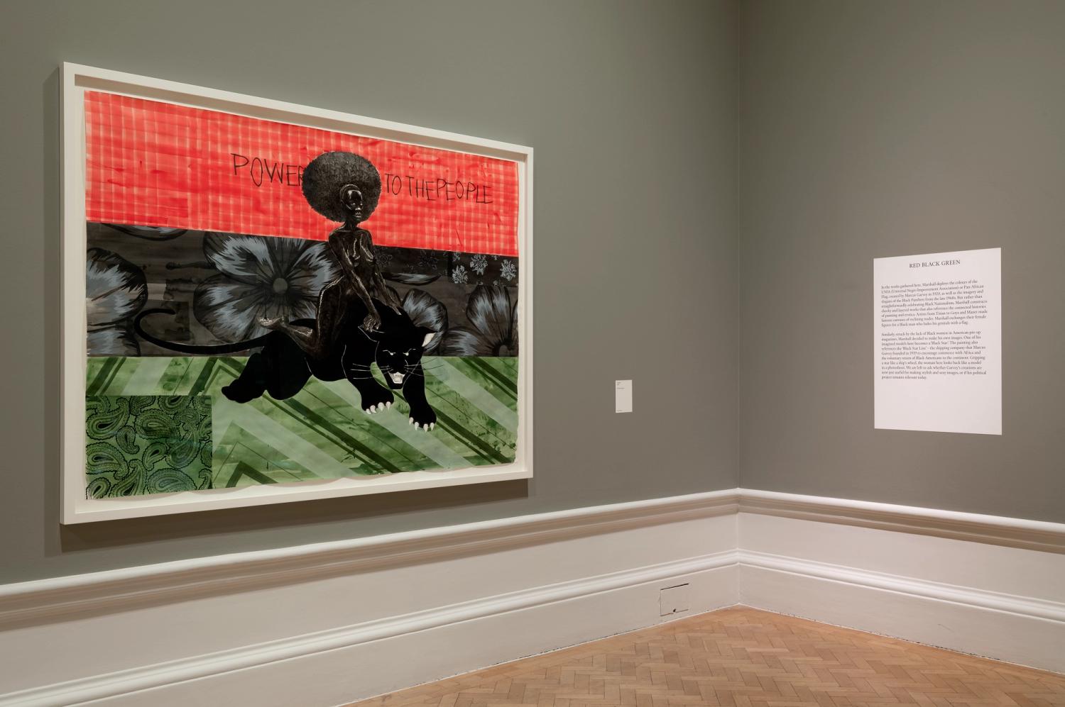 Framed artwork with a woman atop a panther, red and green striped background; adjacent text panel describes the piece.