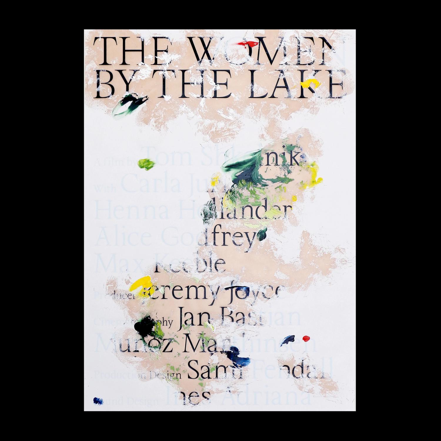 Distressed film poster with abstract acrylic paint and ink scratches for "Women by the Lake," revealing textured layers.