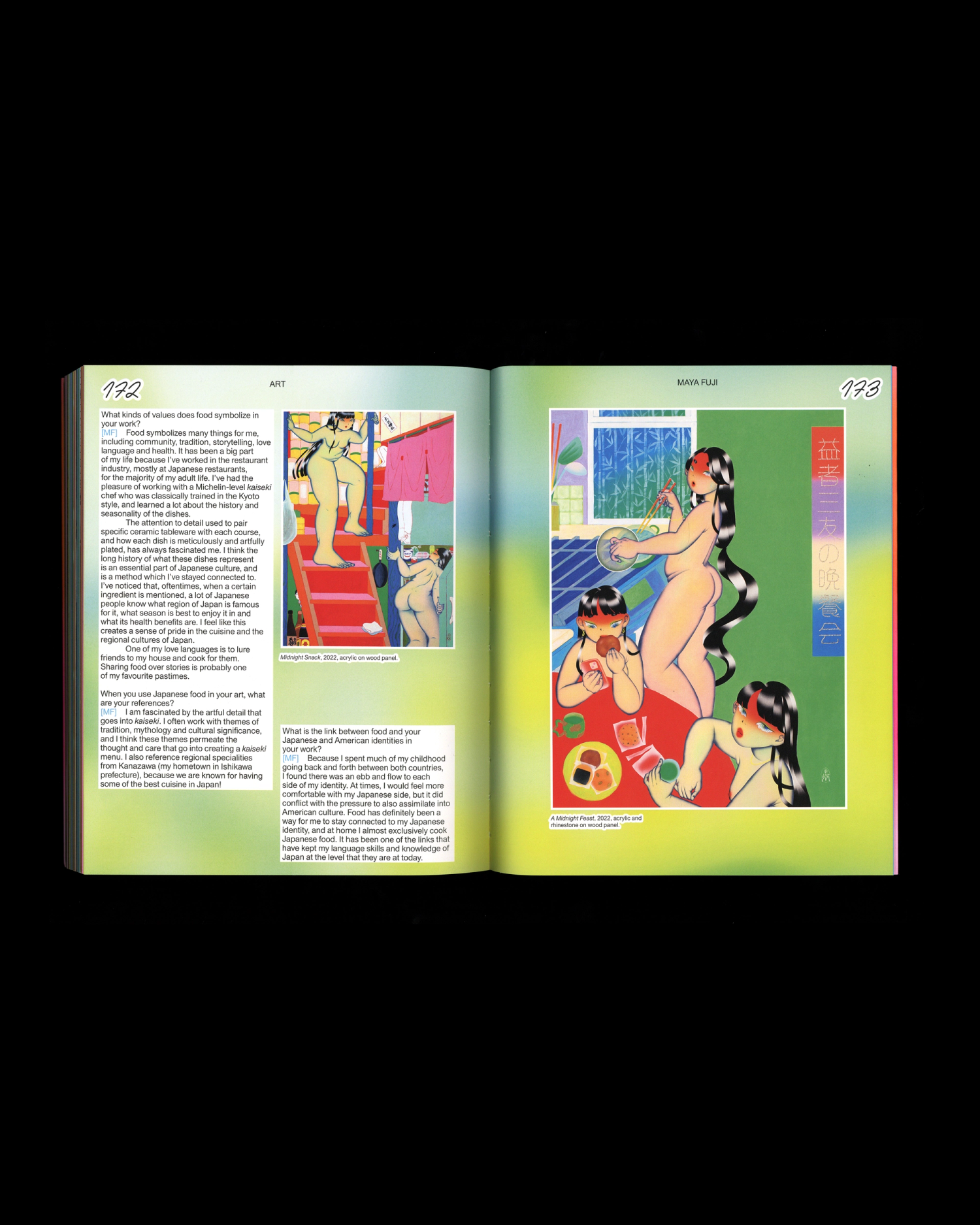 A scan of book spread with some text in a white box, a yellow green blur background, and two images of cartoons.