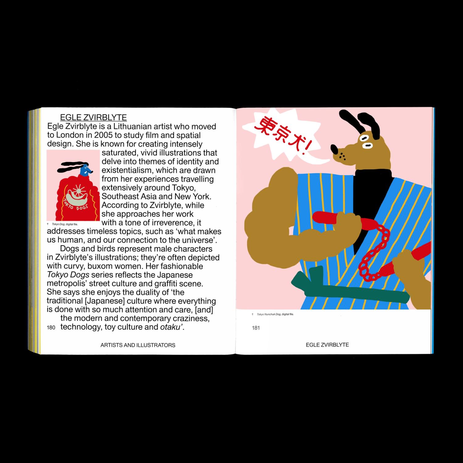 Illustrated dog in kimono with leash and stylised Japanese text, next to artist bio on vibrant book page.