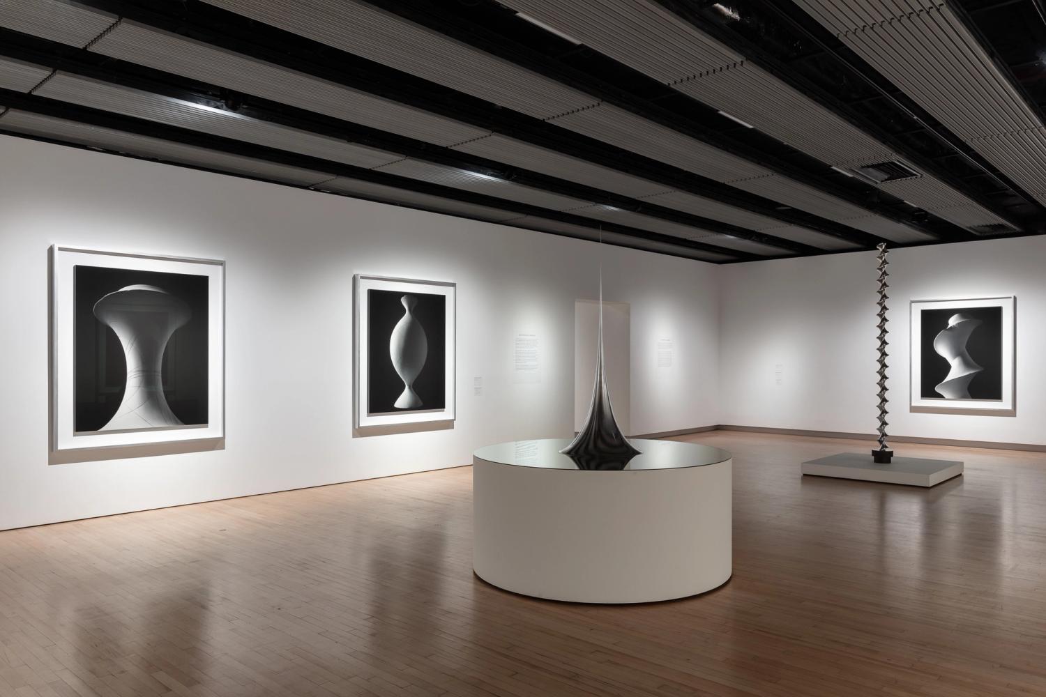 Photograph of a gallery space with two large abstract chrome sculpture and three black and white framed photographs on the walls