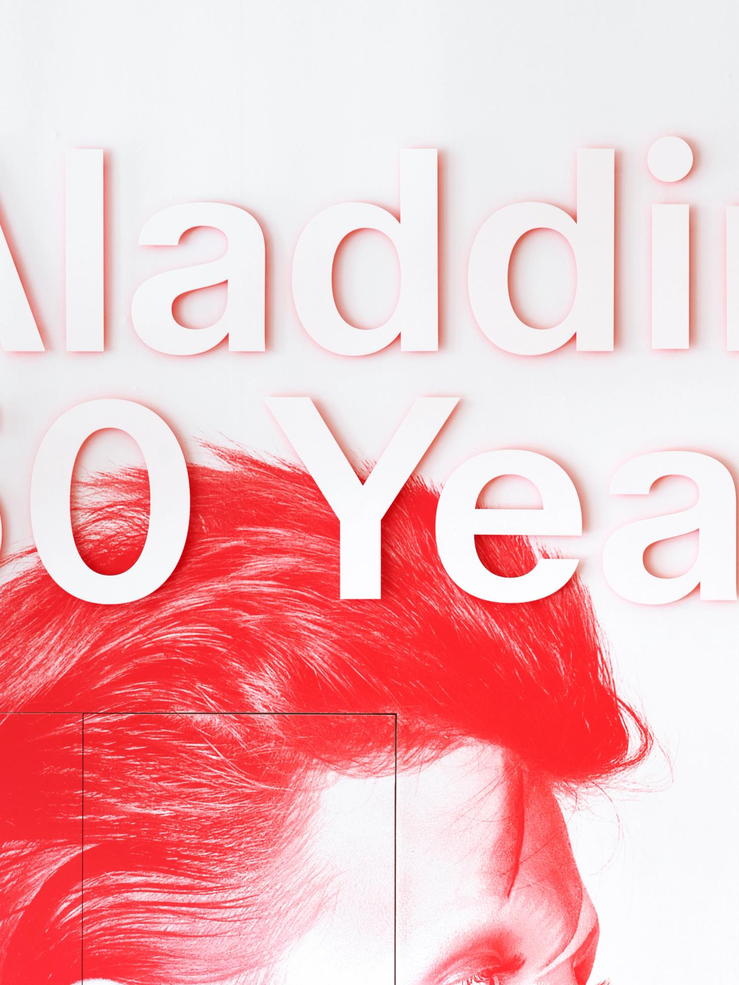 Close-up photo of Aladdin Sane title treatment showing red lettering and shadow