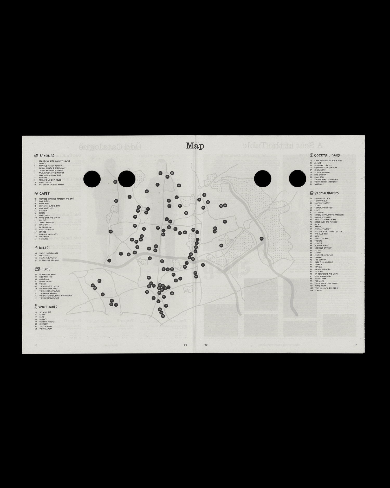 Map of a Hackney in London with numerous black dots marking locations, surrounded by lists of cafes, bars, and restaurants.