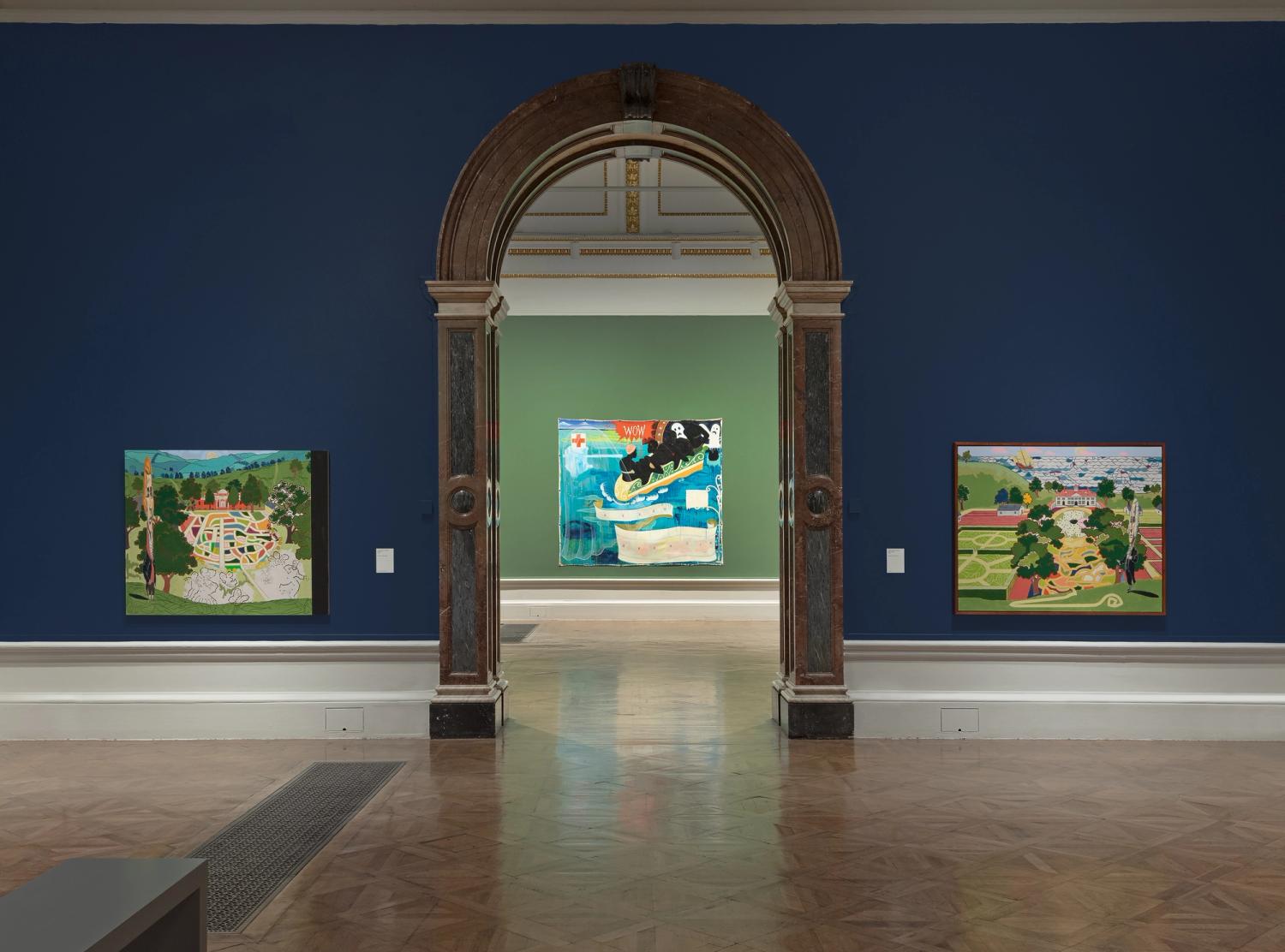 Two colourful artworks on blue walls, framing an arch leading to another vibrant painting on a green wall.