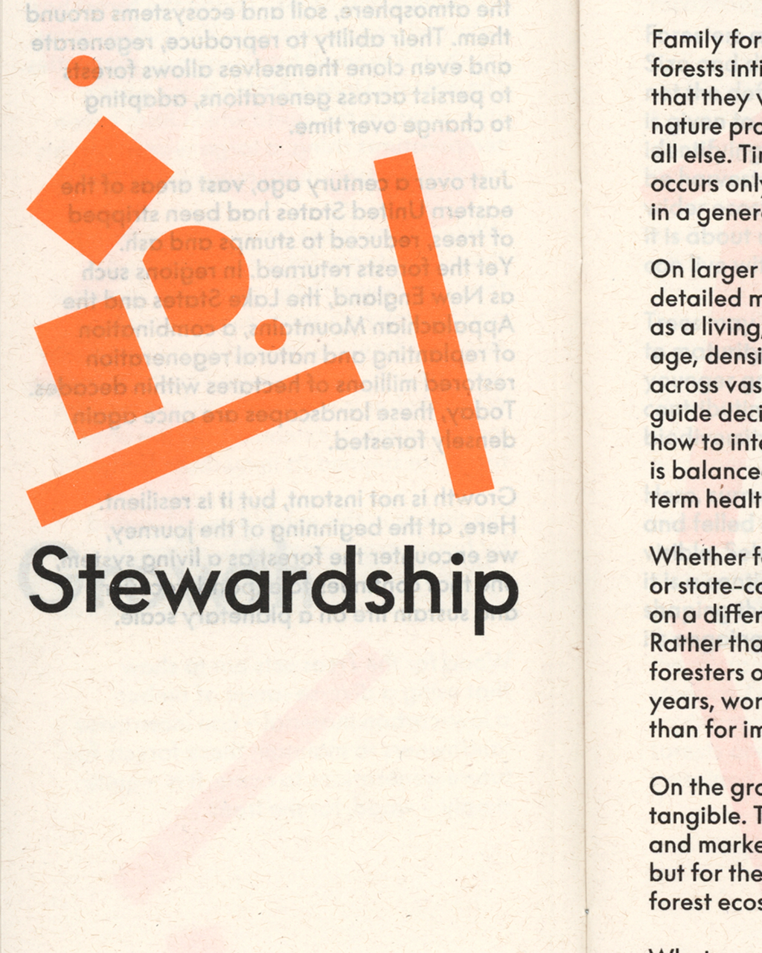 Geometric design in orange with "Stewardship" text on a cream-colored page, featuring various shapes and lines.