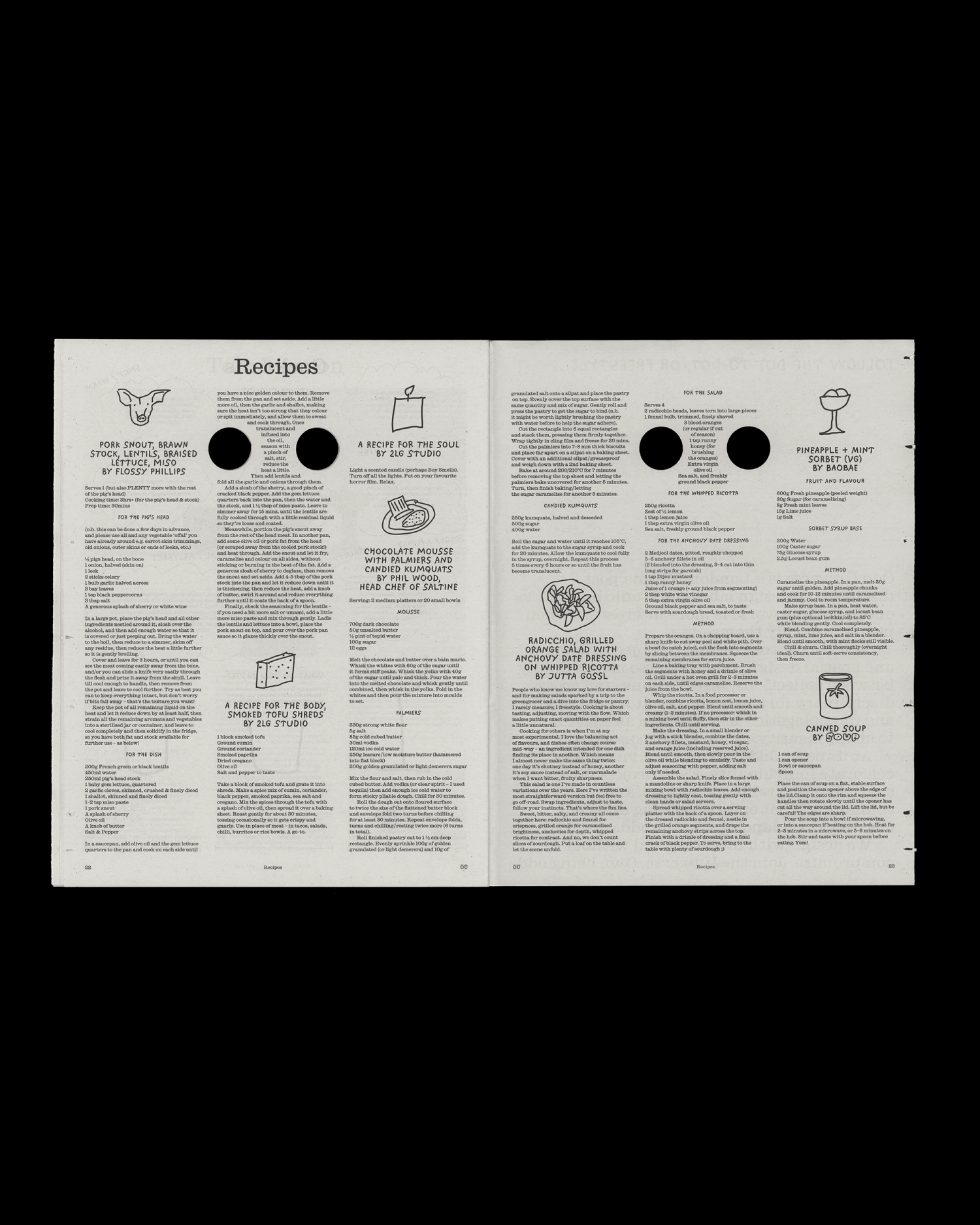 Double-page spread from Ödd Paper featuring various illustrated recipe articles with bold text and minimalist graphics.