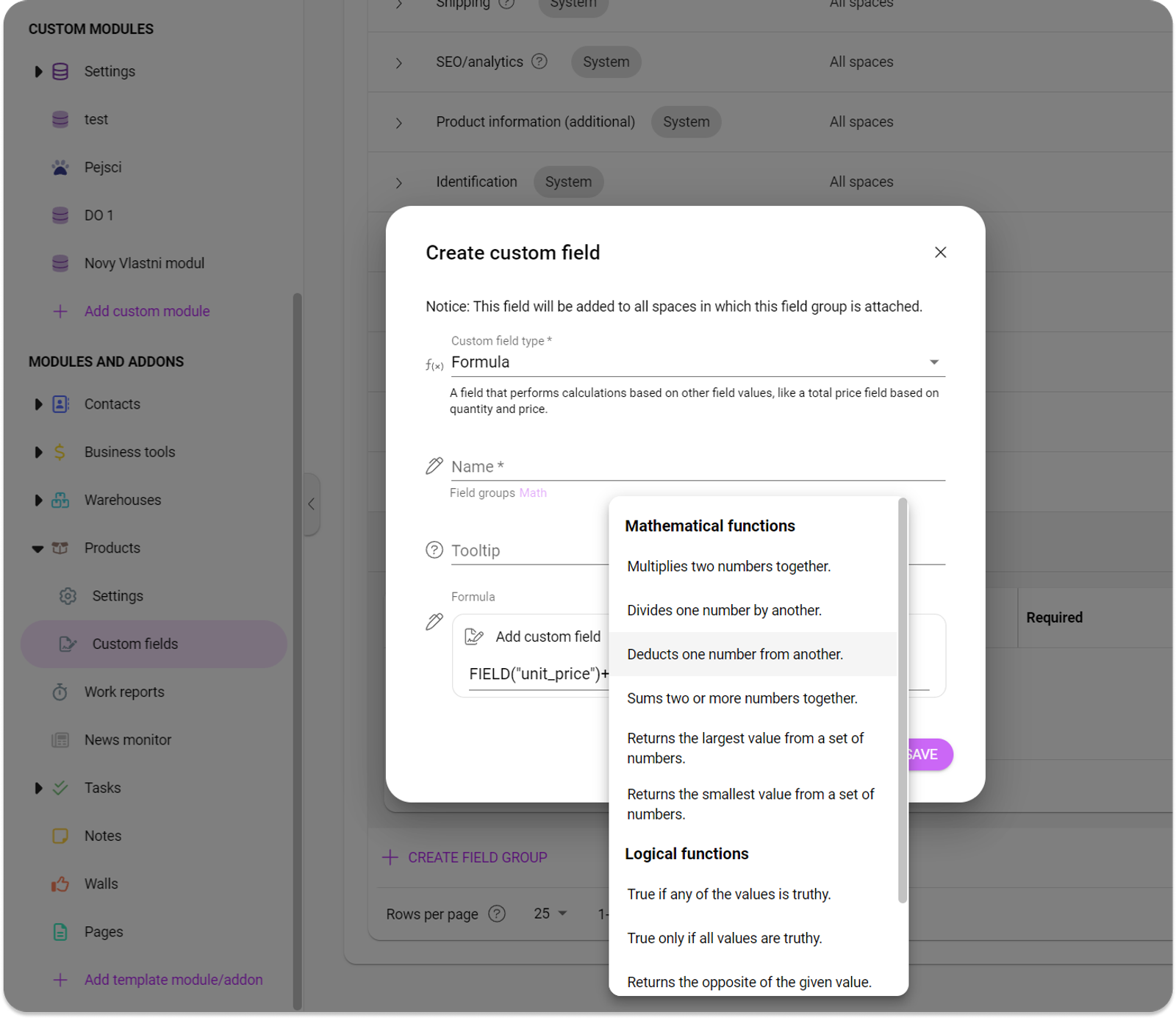 formula, automatic calculations data