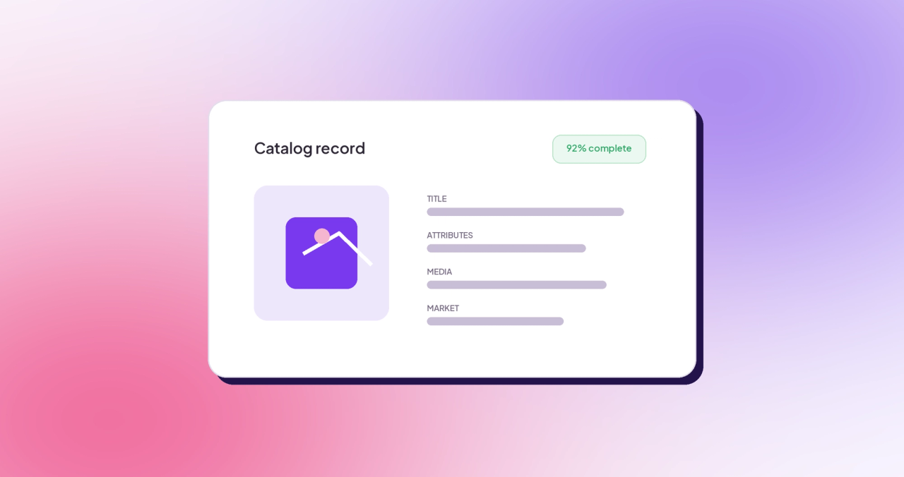 A governed ecommerce catalog record enriched across title, attributes, media, and market readiness