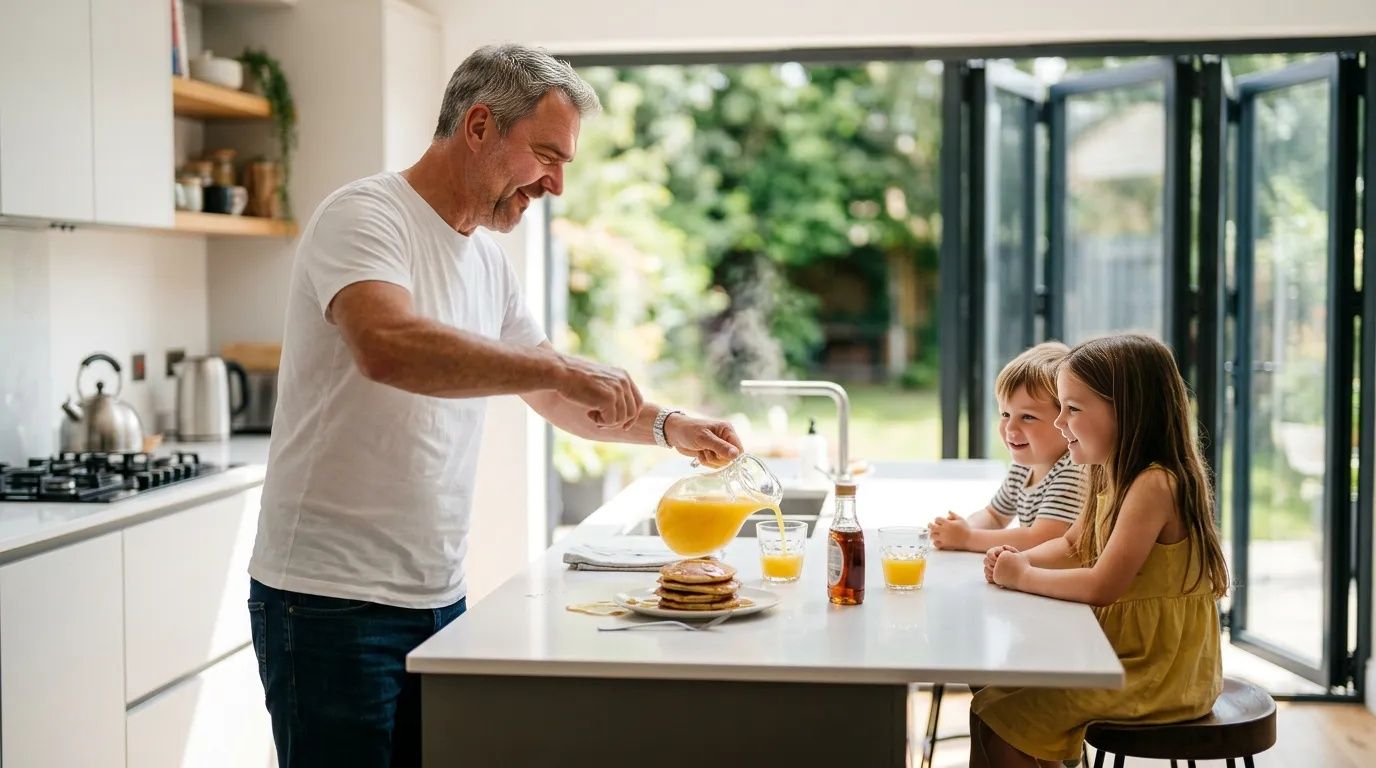 Grandfather laughing with grandchildren over breakfast in a sunlit modern kitchen
